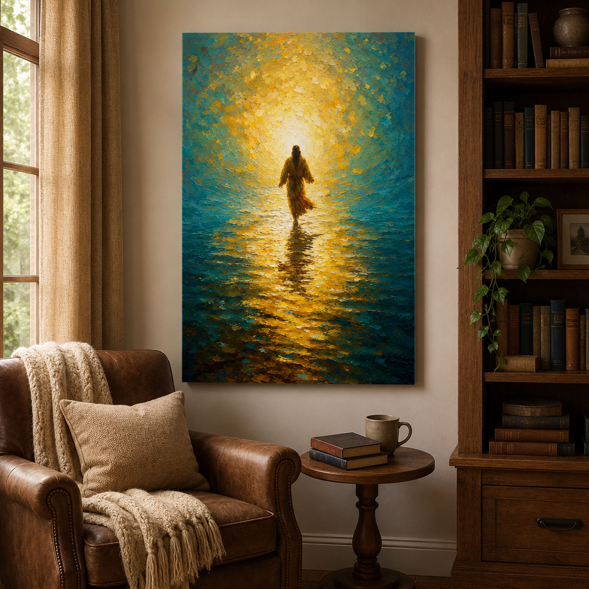 Jesus Walking on Water Canvas Print, Golden Light Christian Wall Art, Faith Home Decor