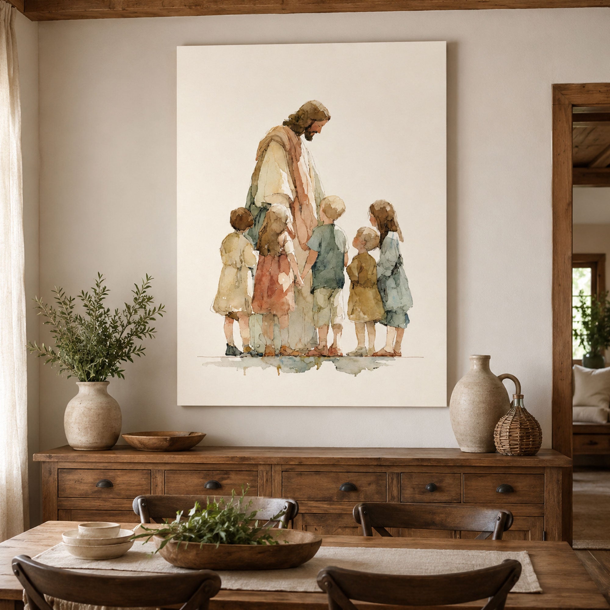 Jesus with Children Watercolor Canvas Print, Christian Nursery Wall Art, Peaceful Faith Home Decor