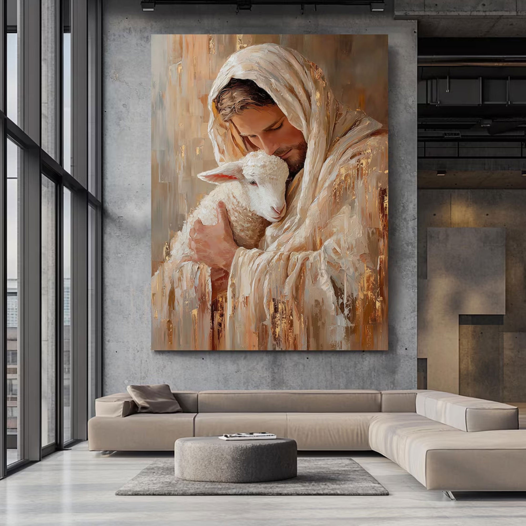 Jesus Hugging Lamb Canvas Print, Christian Wall Art, Good Shepherd Artwork, Religious Home Decor Gift