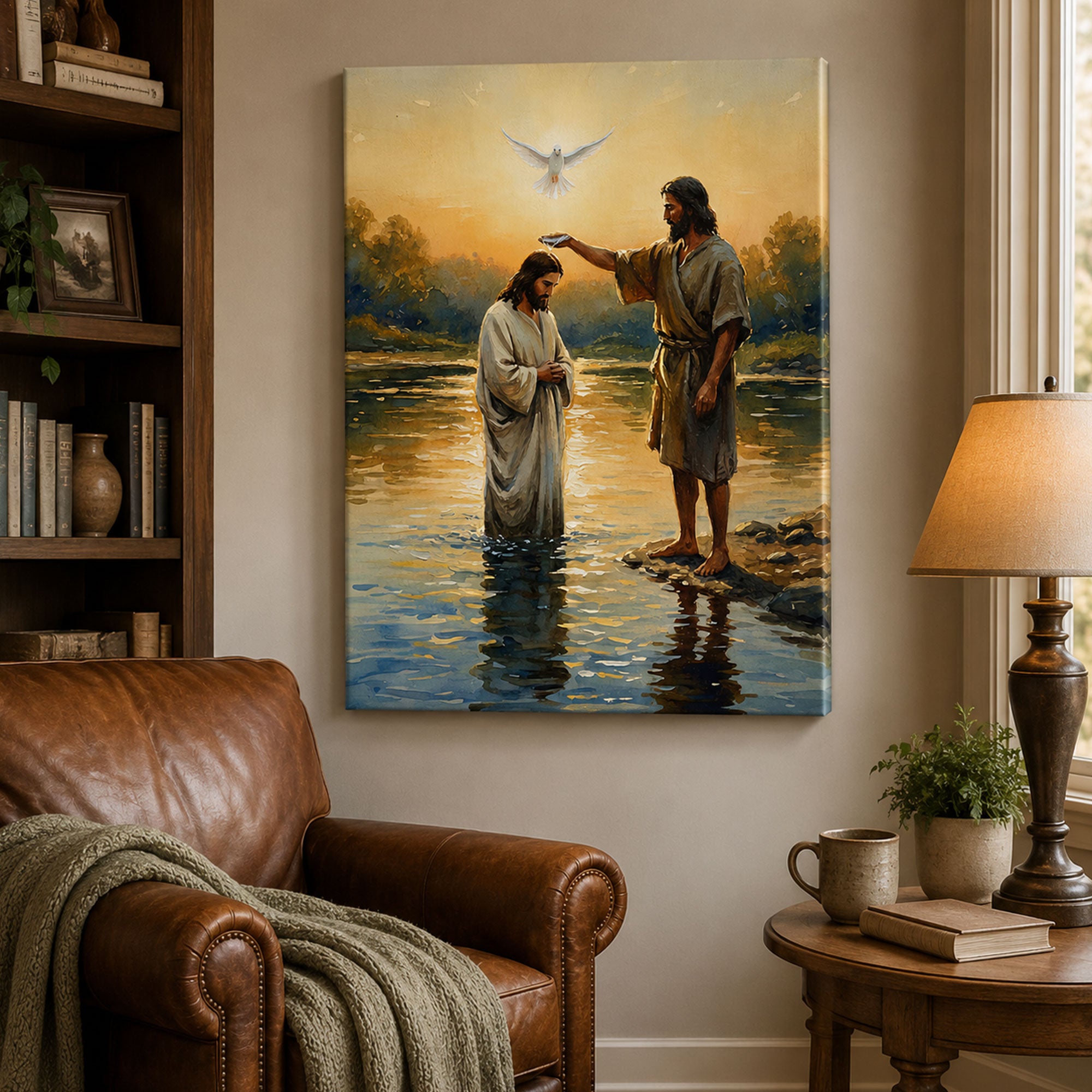 Baptism of Jesus Canvas Print, John the Baptist and Holy Spirit Dove Christian Wall Art, Bible Story Home Decor