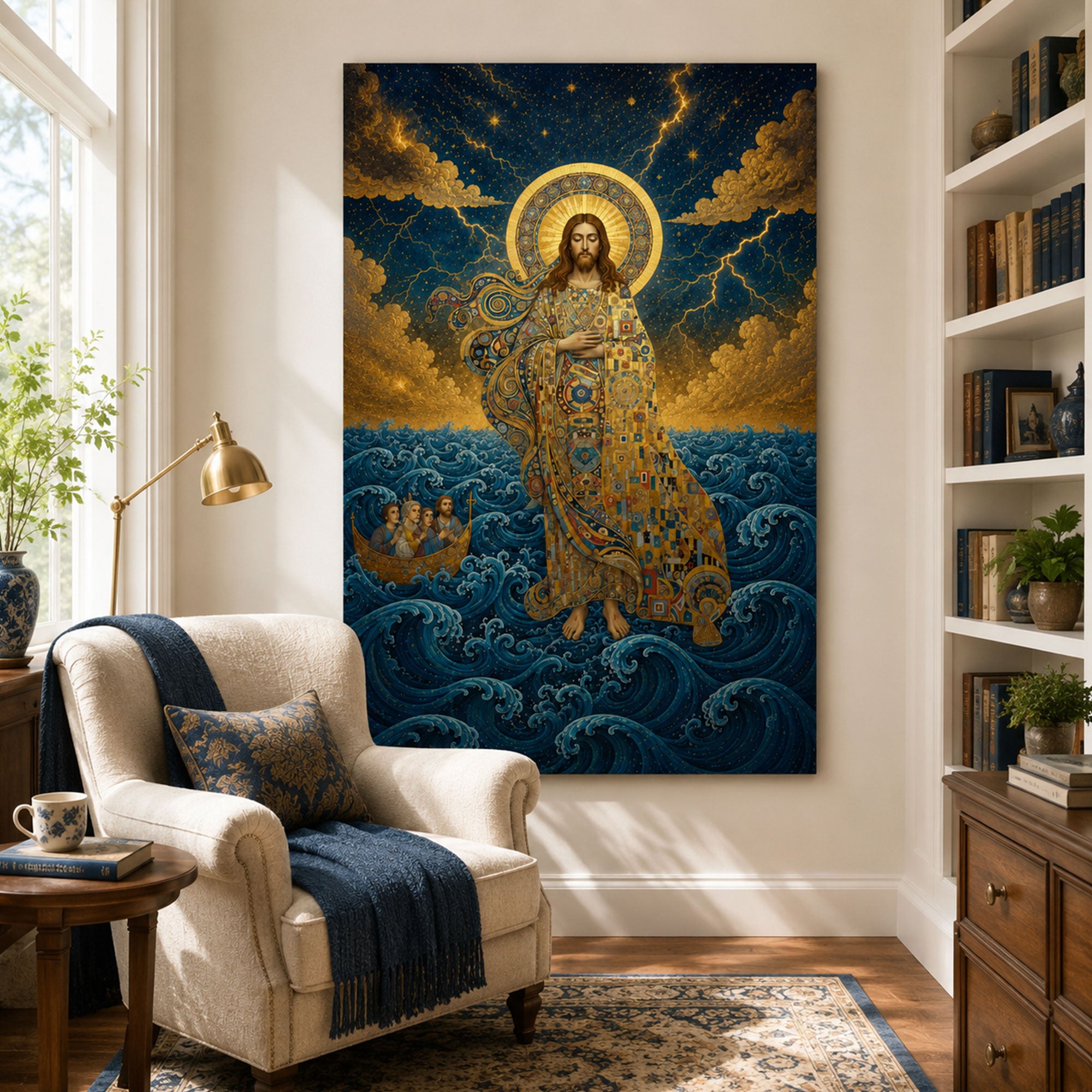 Jesus Walking on the Stormy Sea Canvas Print, Byzantine Mosaic Christian Wall Art, Faith Over Fear Religious Home Decor