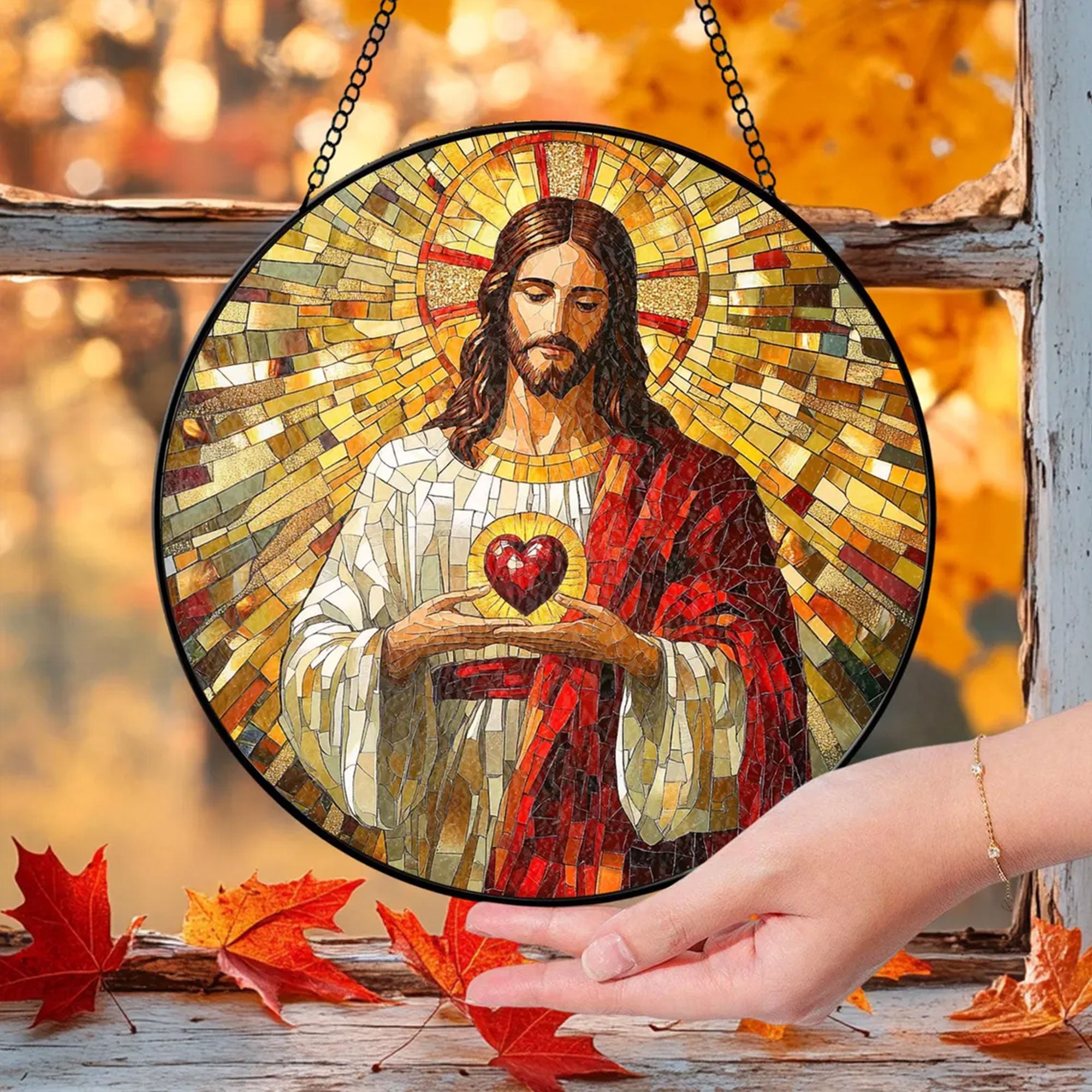 Sacred Heart of Jesus Stained Glass Suncatcher, Christian Window Hanging Decor, Catholic Religious Faith Gift