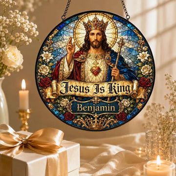 Personalized Jesus Is King Suncatcher, Custom Name Sacred Heart Window Hanging, Catholic Gift