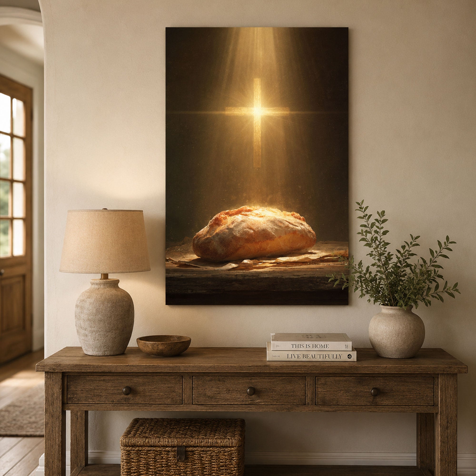 Bread of Life Wall Art, Christian Eucharist Canvas Print, Cross Light Religious Faith Decor