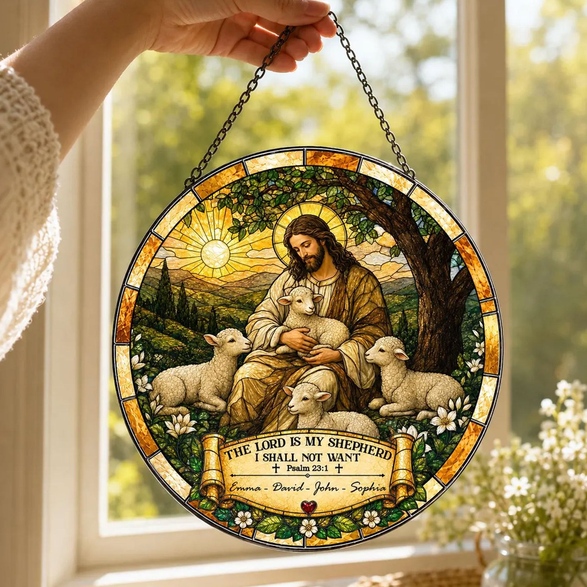 Personalized Jesus Good Shepherd Suncatcher, Psalm 23:1 Family Name Window Hanging, Christian Gift