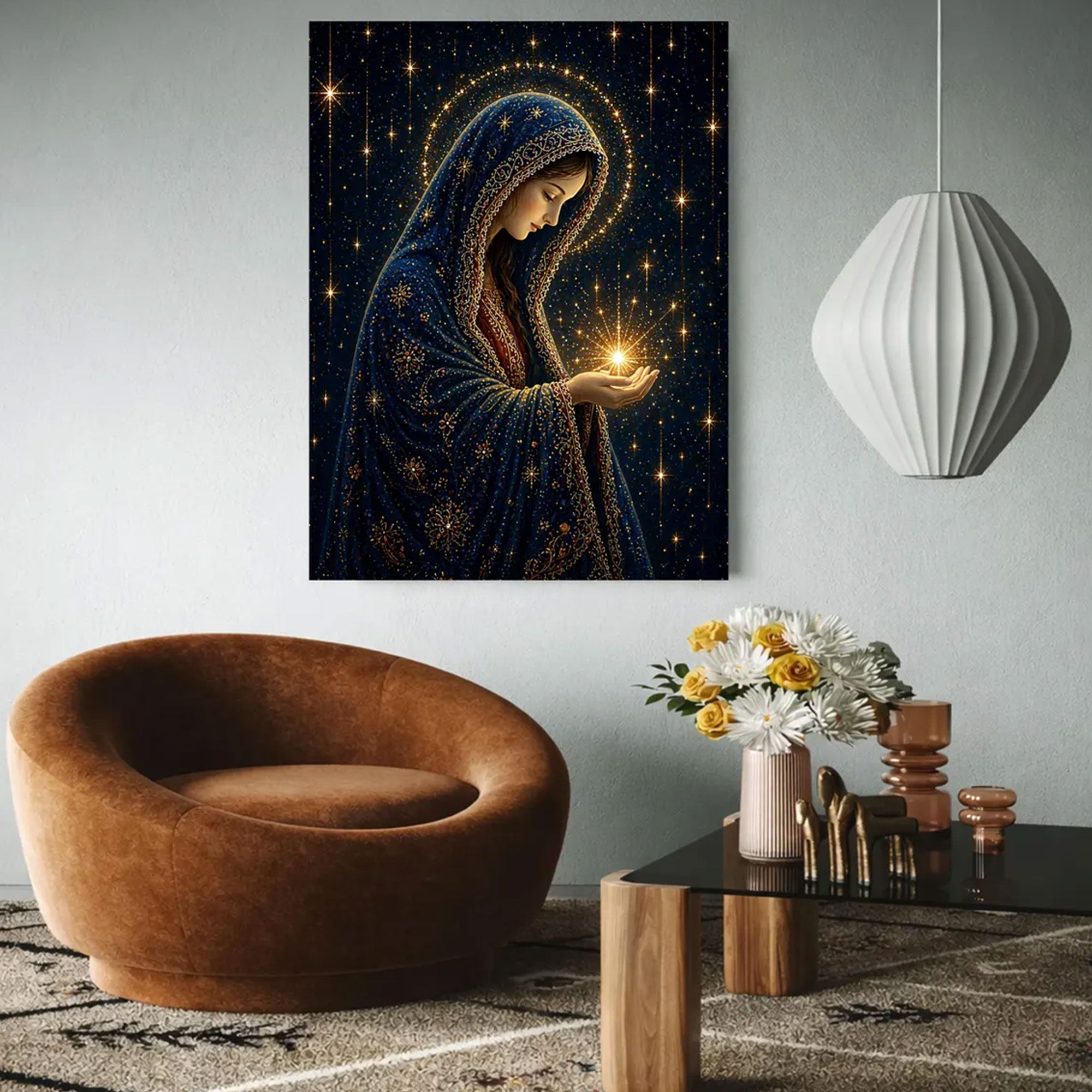 Virgin Mary Starry Night Canvas Print, Blessed Mother Under the Stars, Catholic Faith Decor, Serene Spiritual Artwork, Inspirational Gift