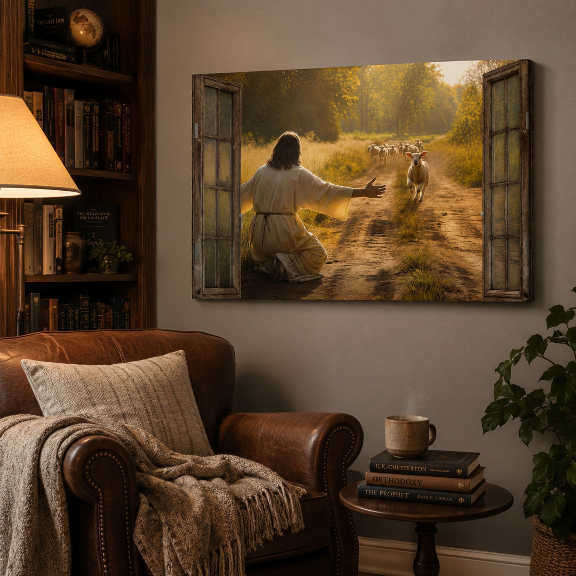 Good Shepherd Lost Sheep Canvas Print, Jesus Welcoming Lamb Christian Wall Art, Faith Home Decor