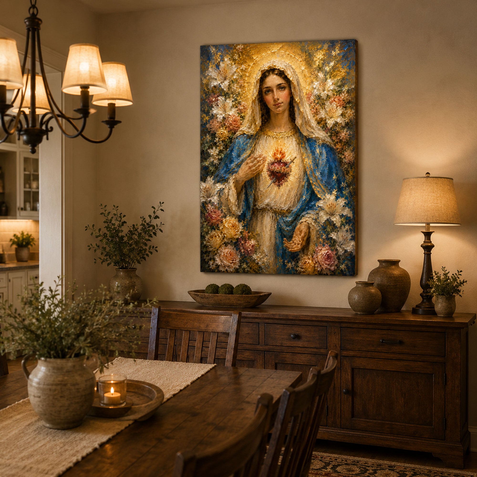 Immaculate Heart of Mary Canvas Print Catholic Floral Wall Art Virgin Mary Religious Home Decor