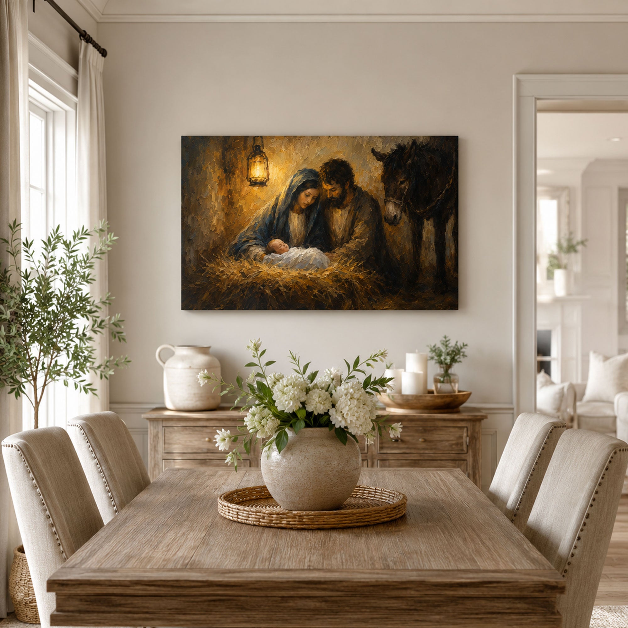 Holy Family by Lantern Light Canvas Print, Rustic Nativity Catholic Decor