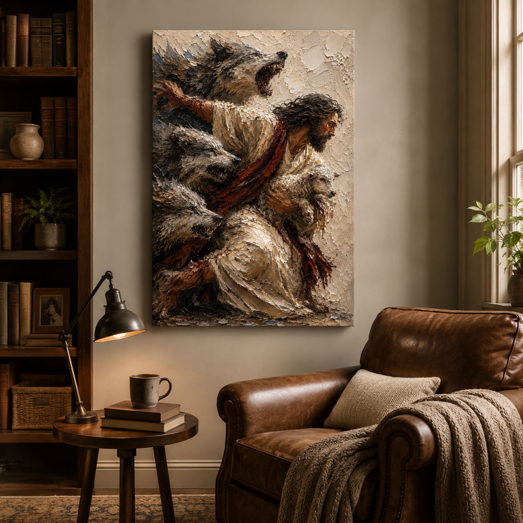 Jesus Protecting the Lamb Canvas Print, Good Shepherd Christian Wall Art, Faith Home Decor