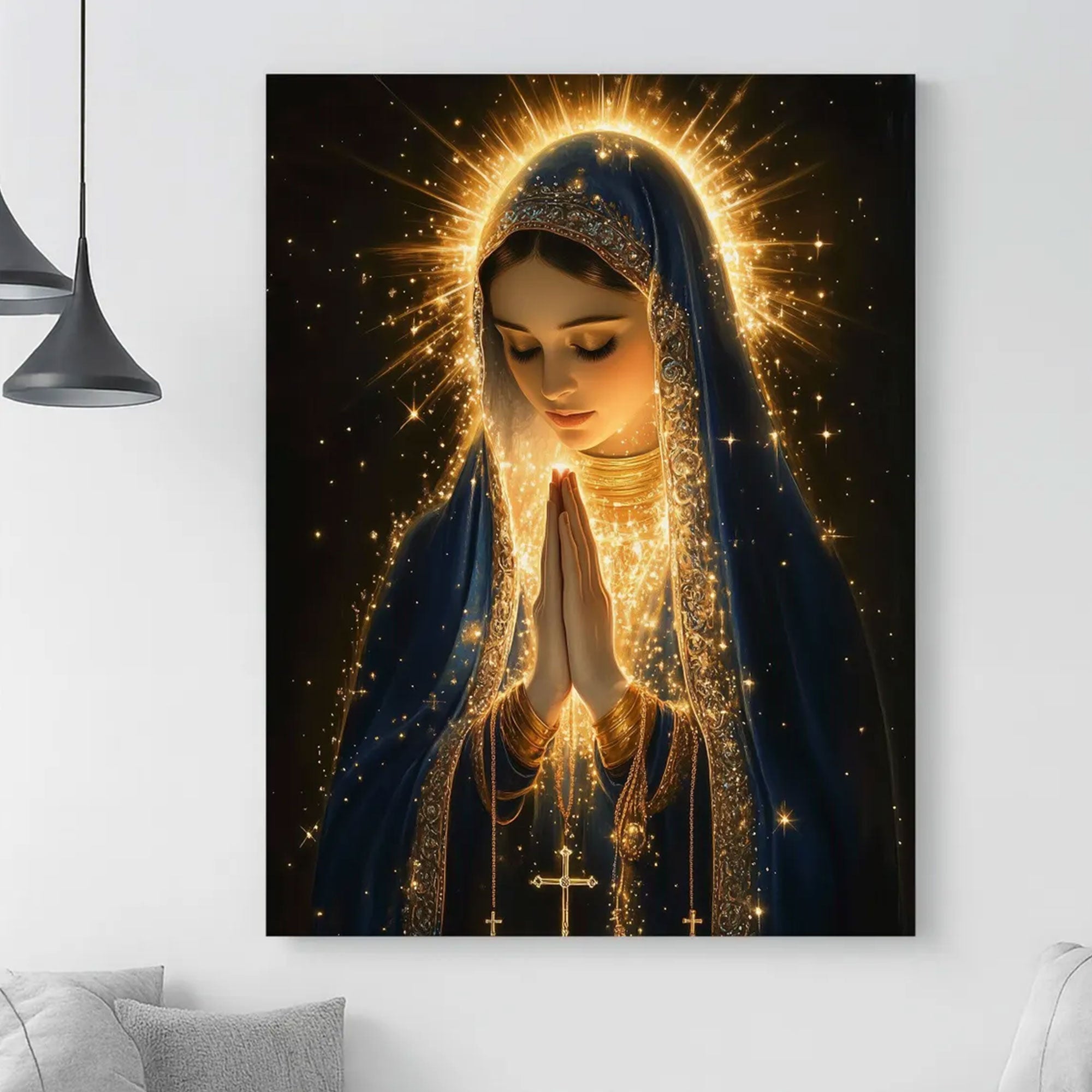 Virgin Mary Canvas Wall Art, Glowing Light Catholic Decor, Spiritual Christian Home Decoration