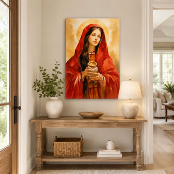 Mary Magdalene Anointing Oil Canvas Print, Crimson Watercolor Catholic Decor