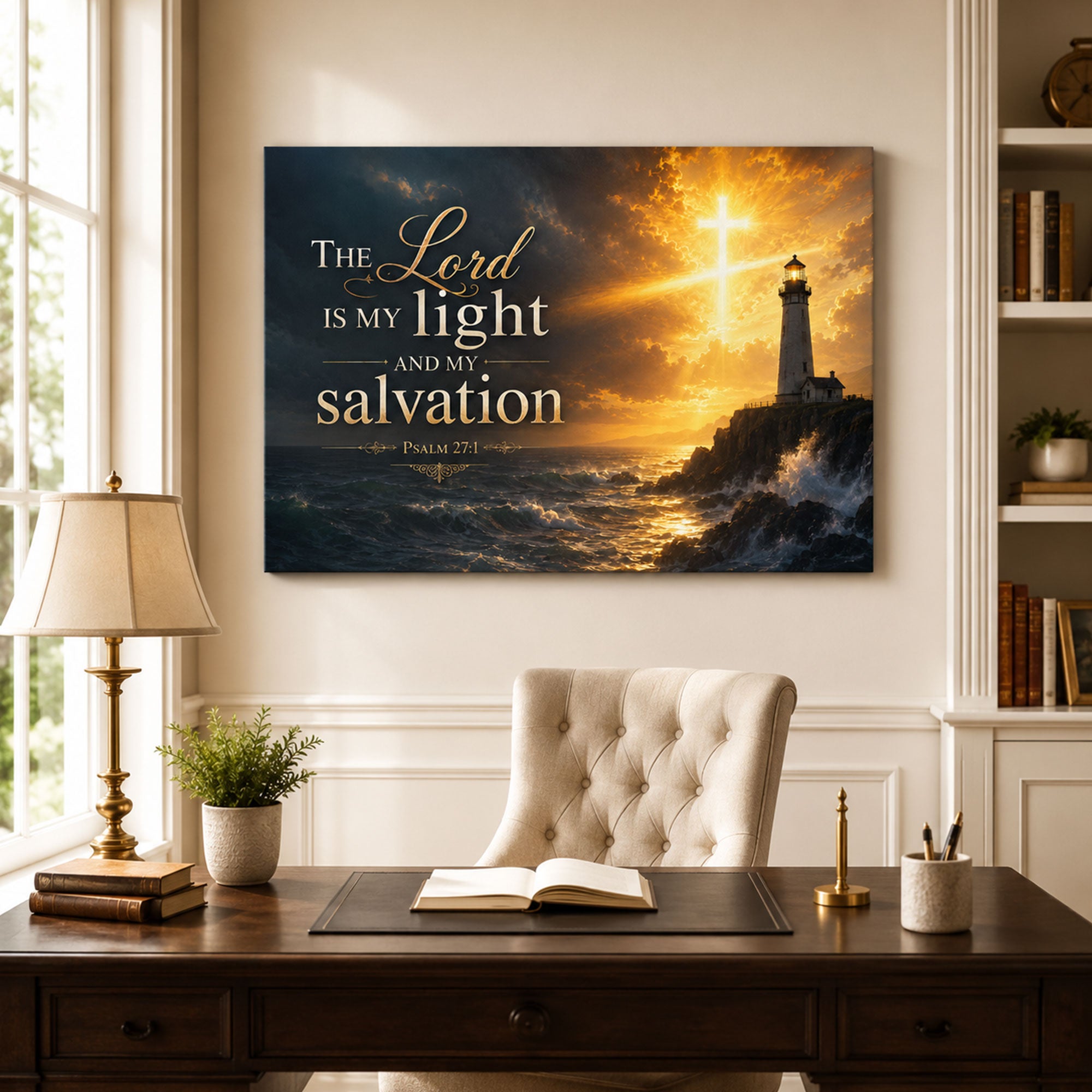 Psalm 27:1 Lighthouse Canvas Print, The Lord Is My Light Christian Wall Art, Coastal Faith Home Decor Gift
