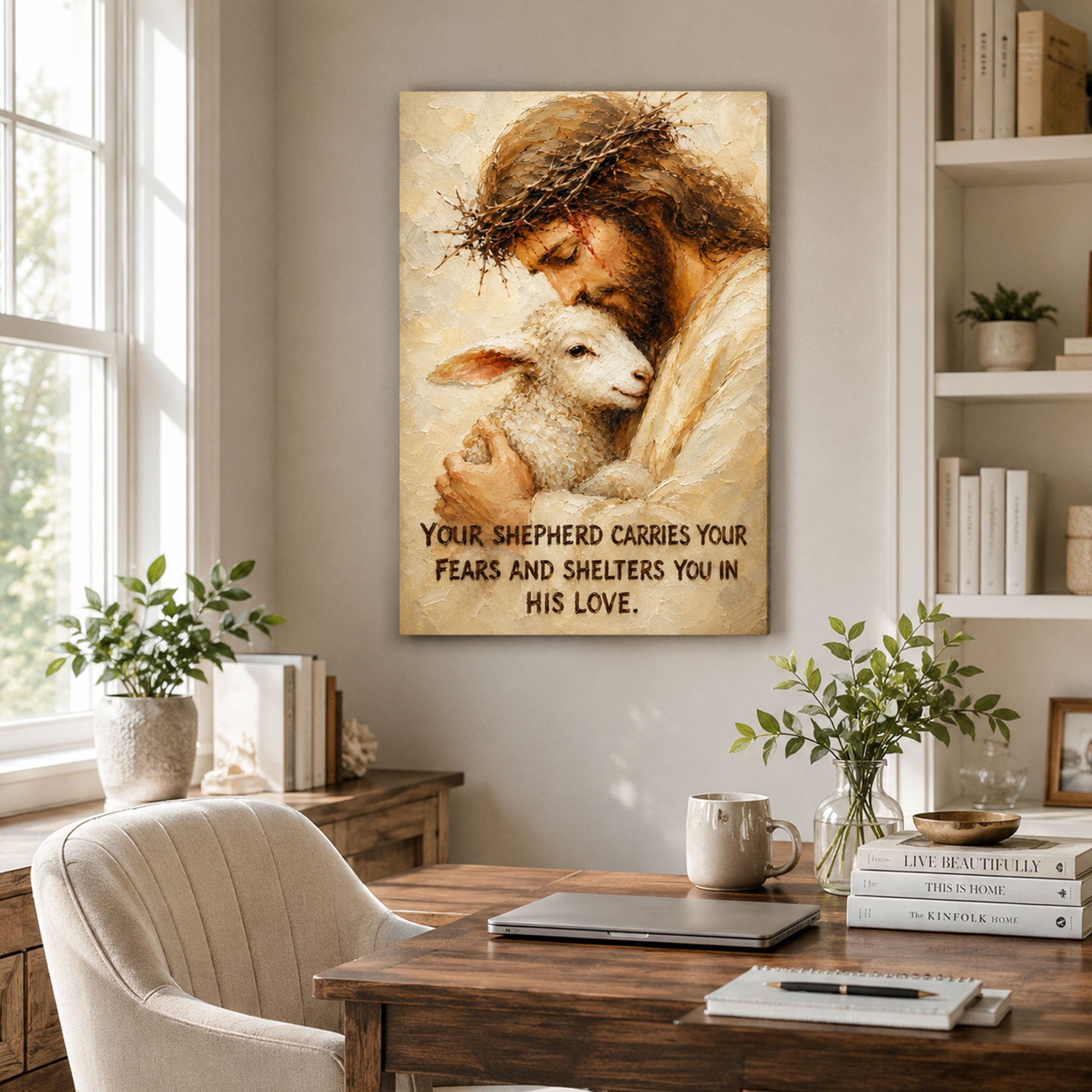 Jesus Good Shepherd with Lamb Canvas Print, Your Shepherd Carries Your Fears Christian Wall Decor, Faith Gift