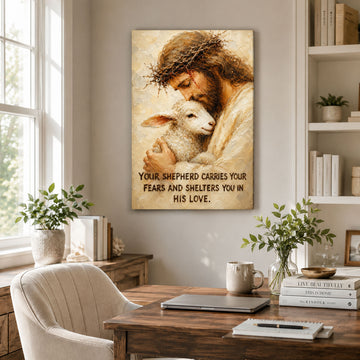 Jesus Good Shepherd with Lamb Canvas Print, Your Shepherd Carries Your Fears Christian Wall Decor, Faith Gift