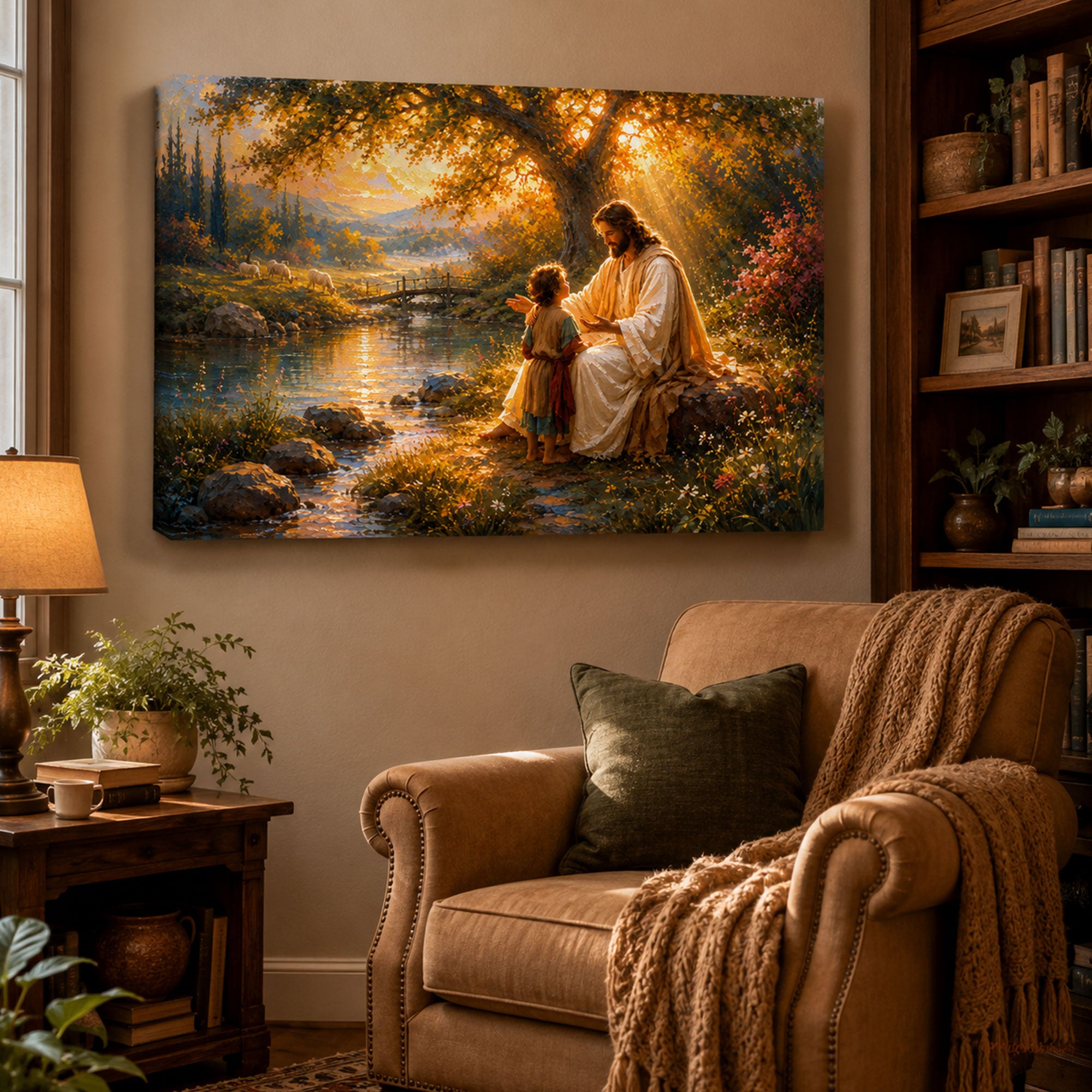 Jesus with Child by the River Canvas Print, Peaceful Christian Wall Art, Family Faith Home Decor