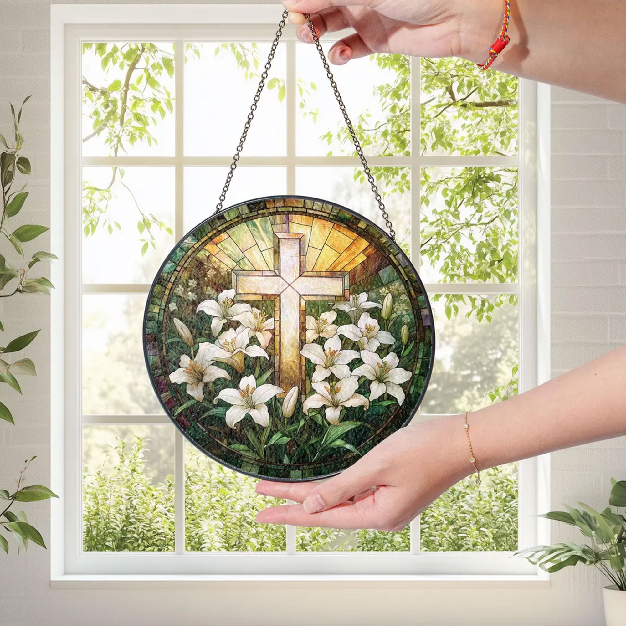 Stained Glass Lily Cross Suncatcher, Christian Window Hanging Decor, Floral Faith Gift, Religious Home Ornament