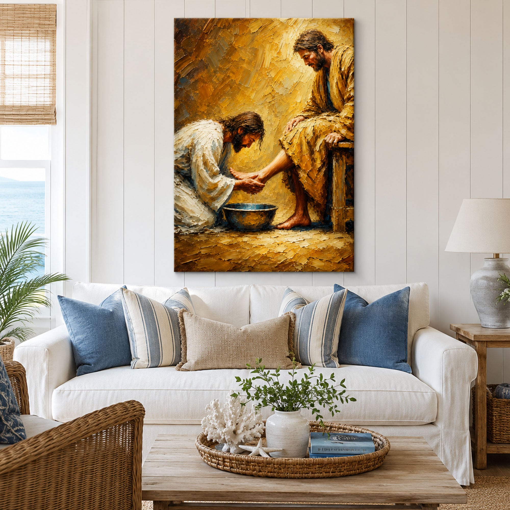 Jesus Washing Disciples’ Feet Canvas Print, Christian Biblical Wall Art, Humility Faith Home Decor