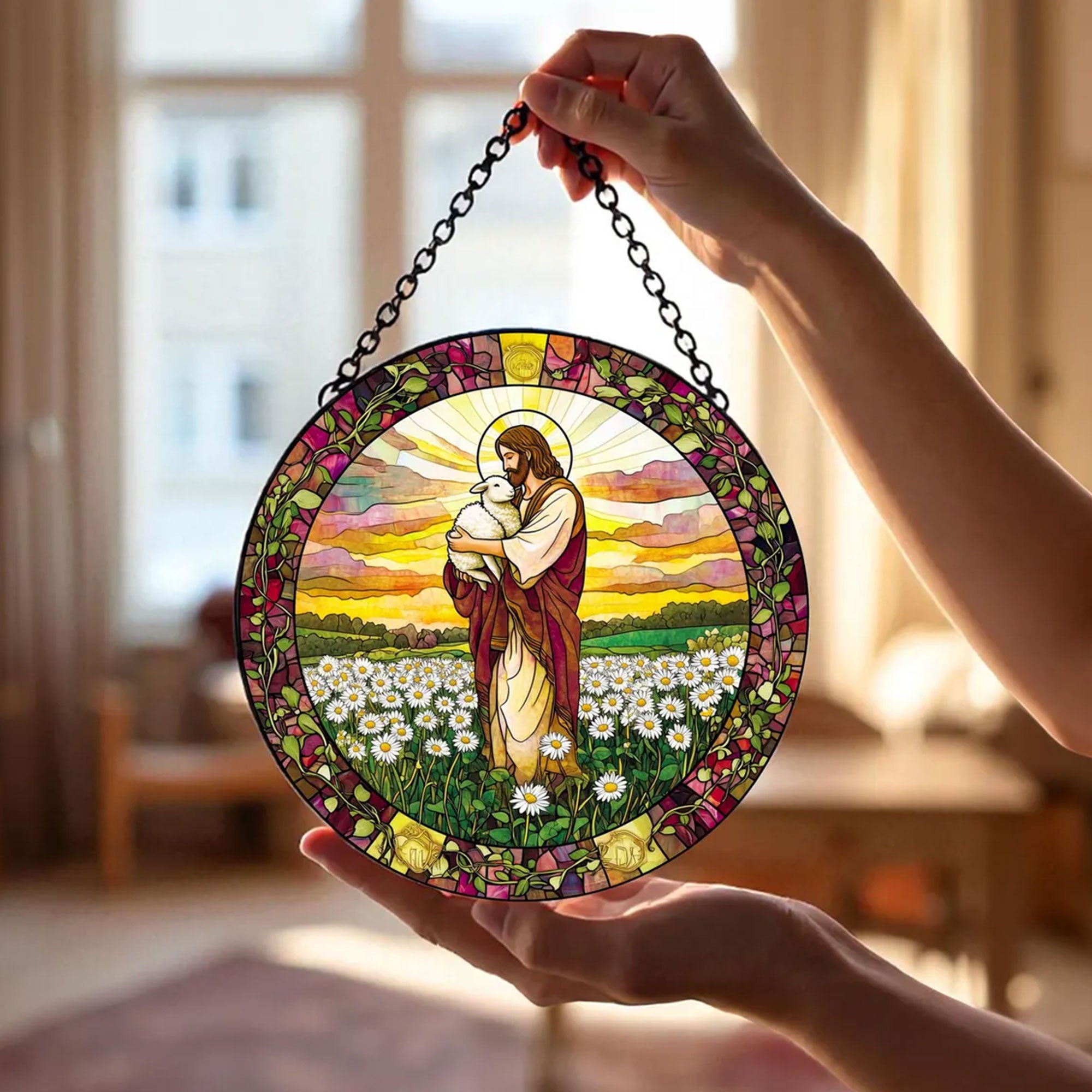 Jesus Holding Lamb Stained Glass Suncatcher, Floral Christian Window Hanging, Faith Home Decor