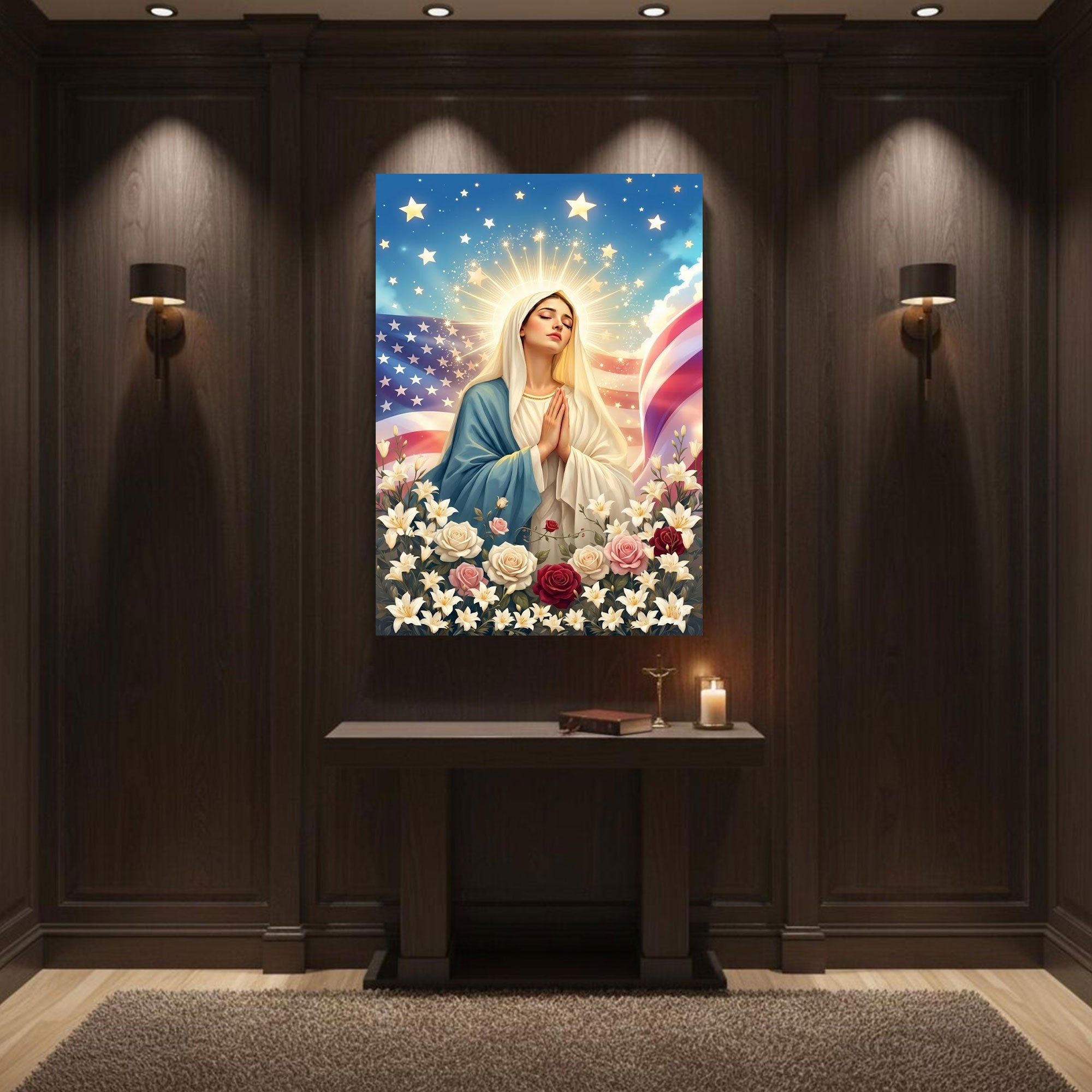 Virgin Mary Prayer Canvas Print, Blessed Mother Wall Art, Faith and Protection Artwork, Patriotic Christian Decor, Inspirational Spiritual Gift