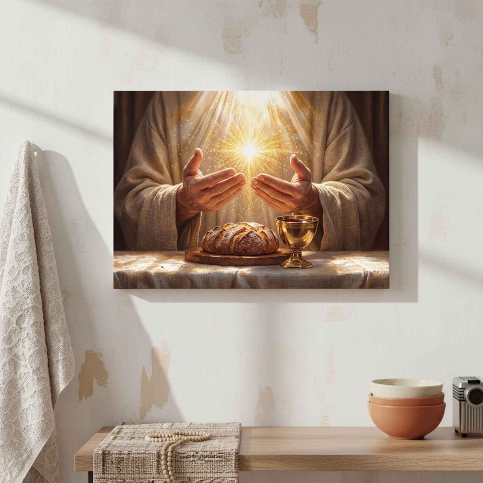 Golden Light Eucharist Canvas Print, Abstract Christian Wall Art, Catholic Faith Home Decor