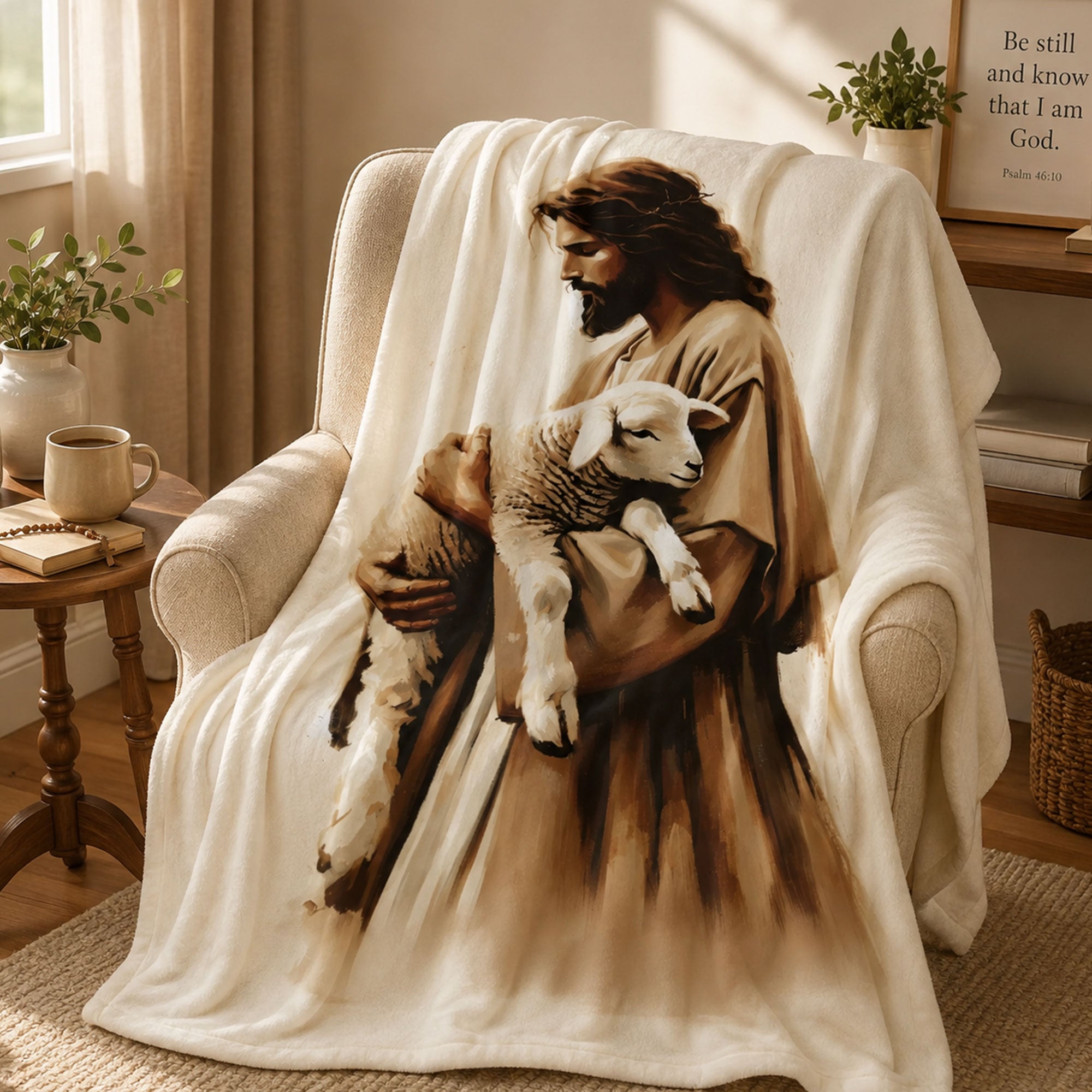Jesus Holding Lamb Fleece Blanket, Good Shepherd Christian Throw, Faith Gift for Believers