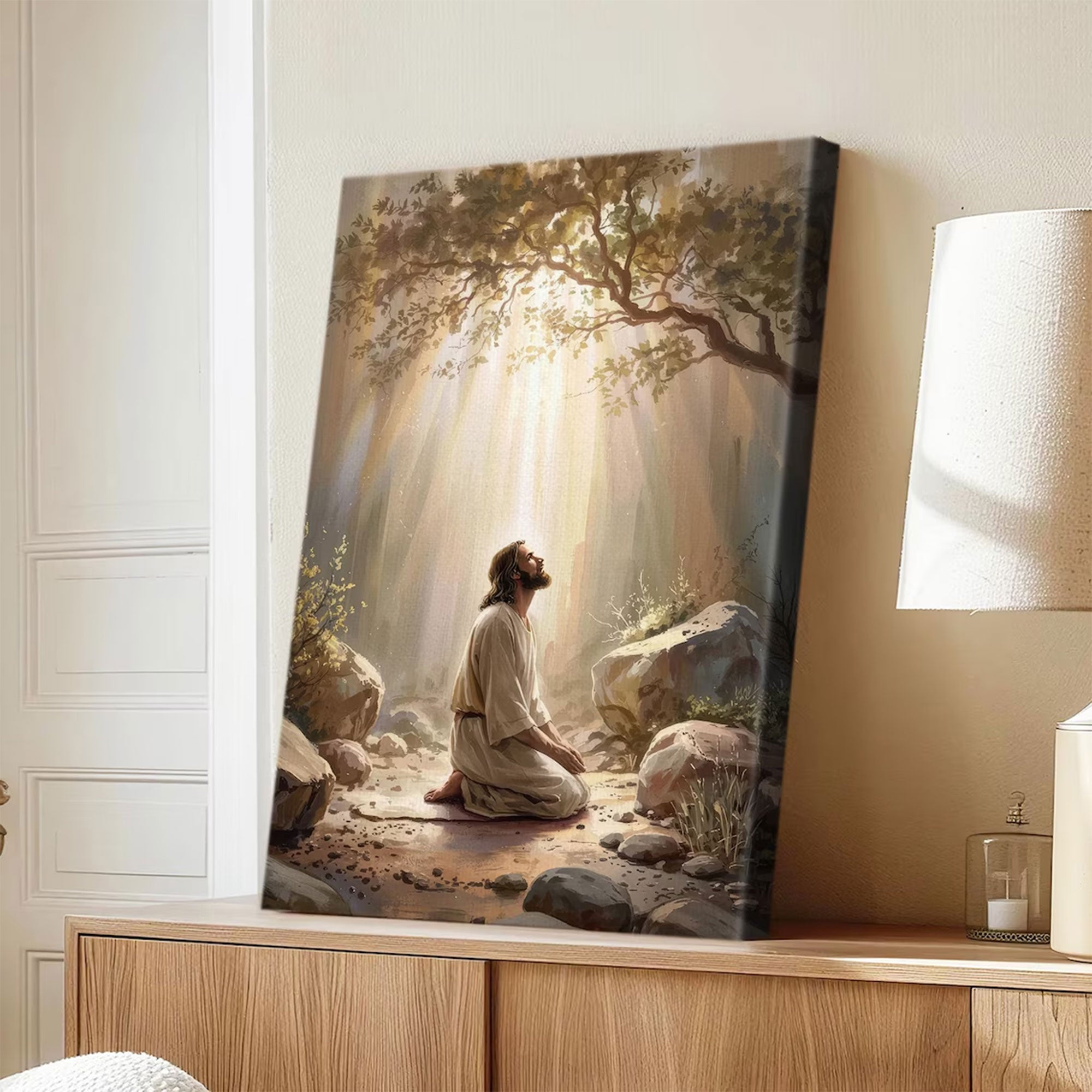 Jesus Praying in Garden of Gethsemane Canvas Wall Art – Christian Prayer Artwork, Religious Home Decor