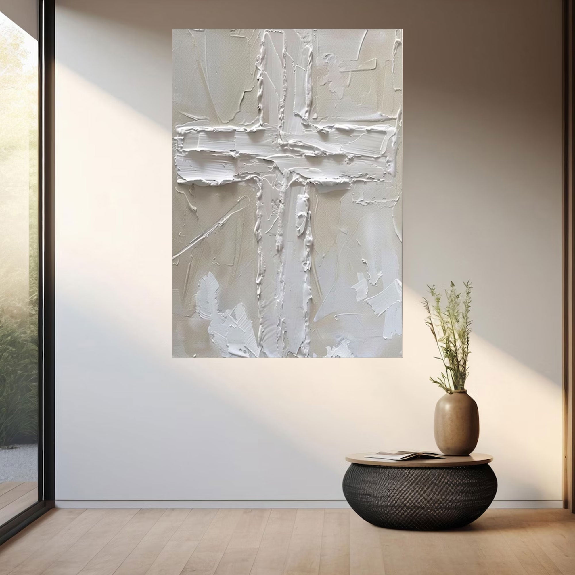 Minimalist White Cross Canvas Print, Modern Catholic Christian Wall Art, Symbol of Faith and Redemption, Sacred Religious Decor, Inspirational Spiritual Gift