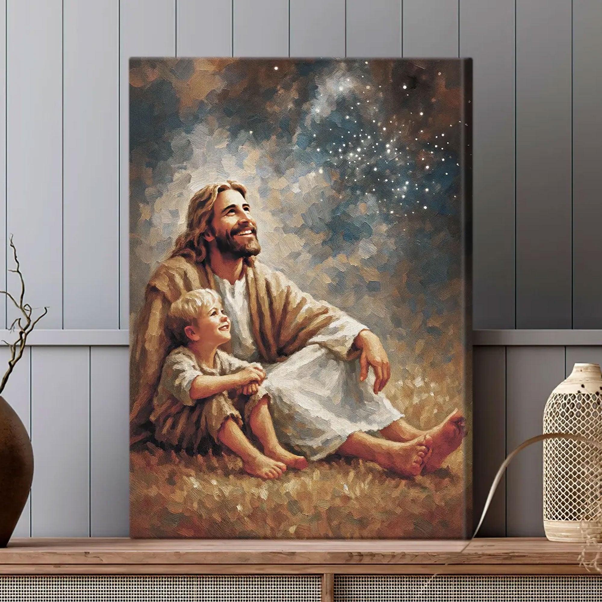 Jesus and Boy Canvas Print, Christian Faith Watercolor Wall Art, Bible Verse Spiritual Home Decor
