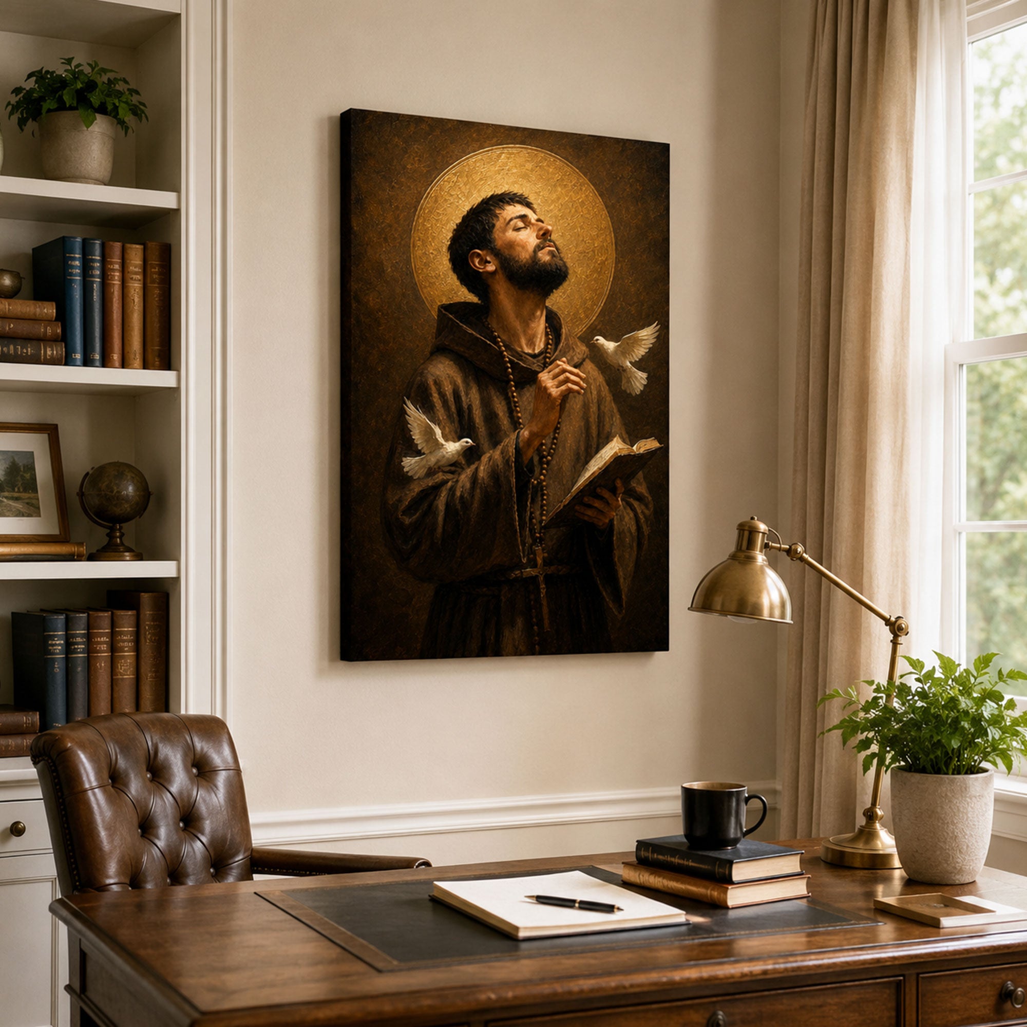 Saint Francis of Assisi Prayer Canvas Print, Catholic Saint Wall Art, Doves and Bible Faith Home Decor Gift