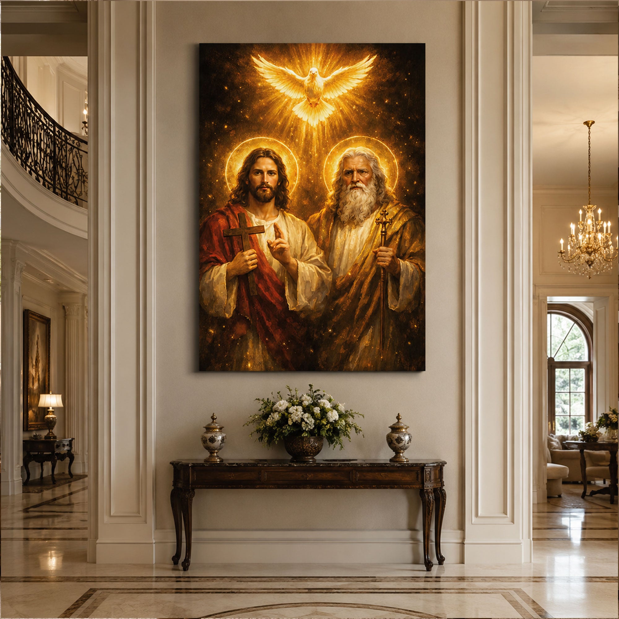 Holy Trinity Canvas Print, Jesus Christ God the Father and Holy Spirit Dove Christian Wall Art, Catholic Religious Home Decor