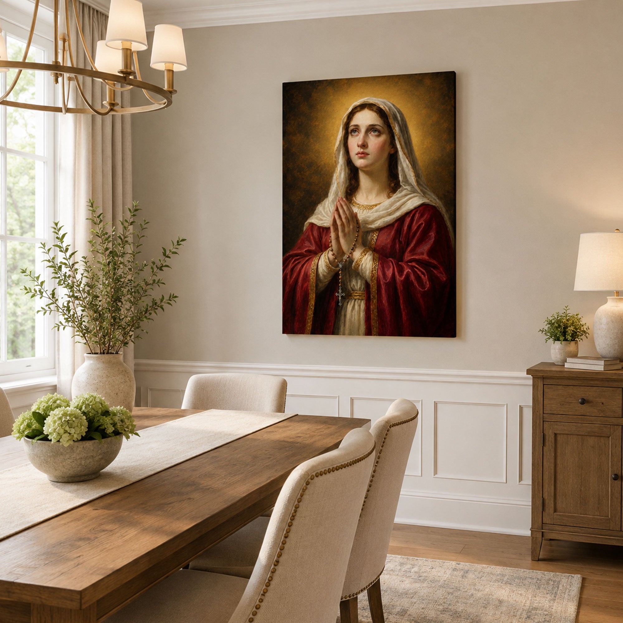 Virgin Mary Praying with Rosary Canvas Print, Catholic Wall Decor, Marian Faith Gift