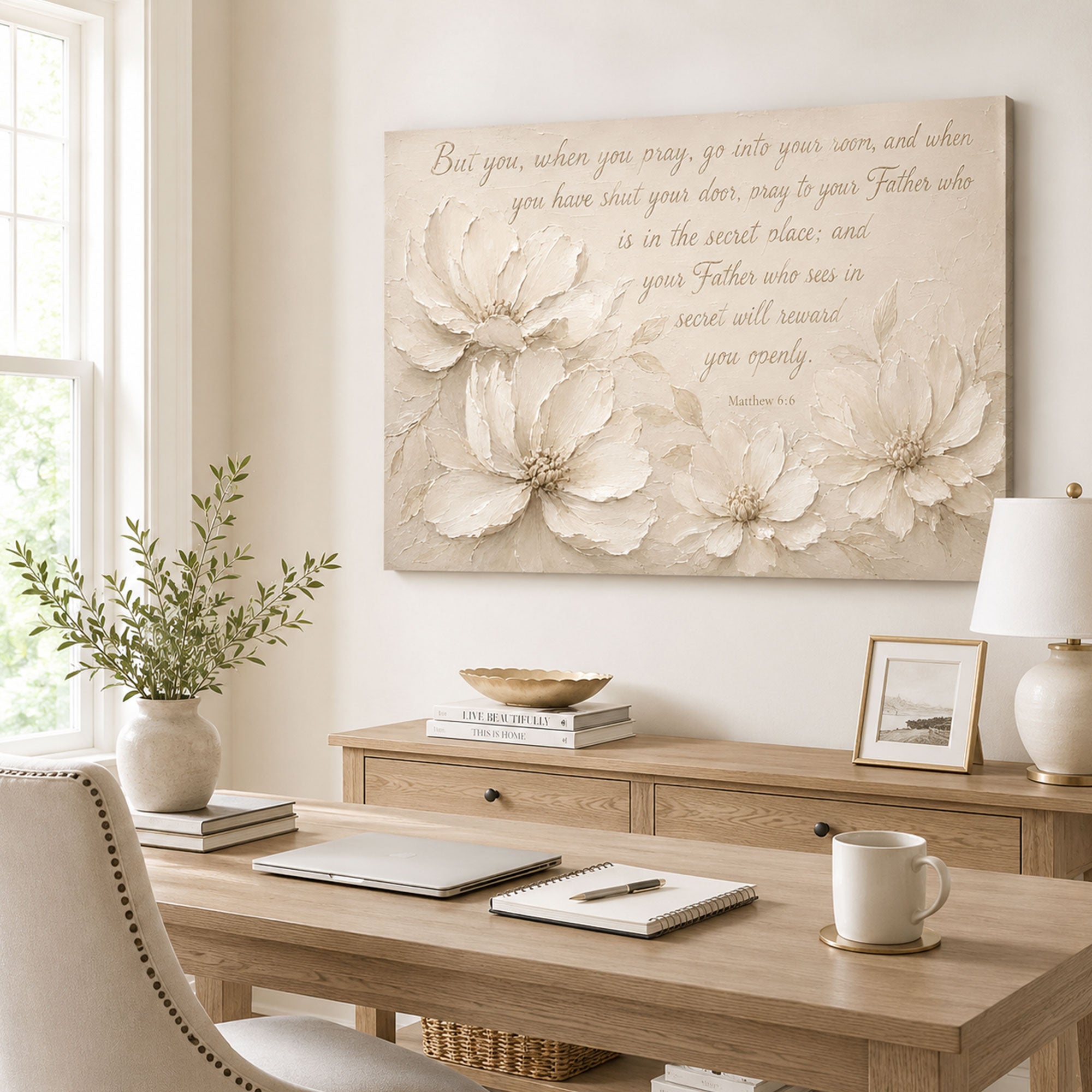 Matthew 6:6 Secret Place Prayer Canvas Print, Neutral Floral Christian Decor