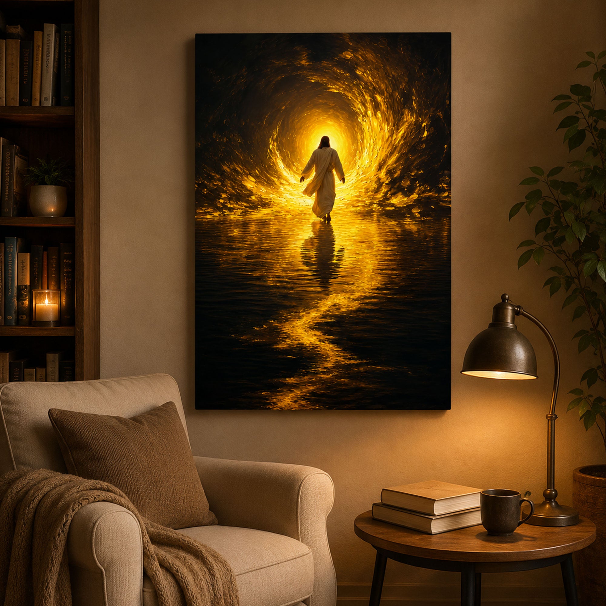 Jesus Walking on Water Canvas Print, Golden Light Christian Wall Art, Faith Home Decor