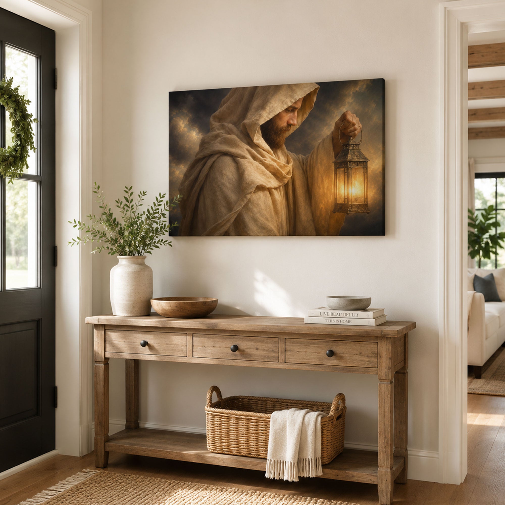 Jesus Holding Lantern Panoramic Canvas Print, Light of the World Christian Wall Art, Faith Home Decor Gift