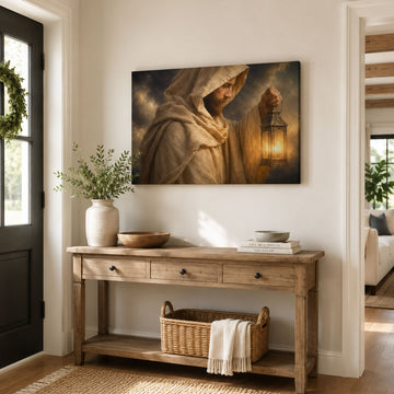 Jesus Holding Lantern Panoramic Canvas Print, Light of the World Christian Wall Art, Faith Home Decor Gift