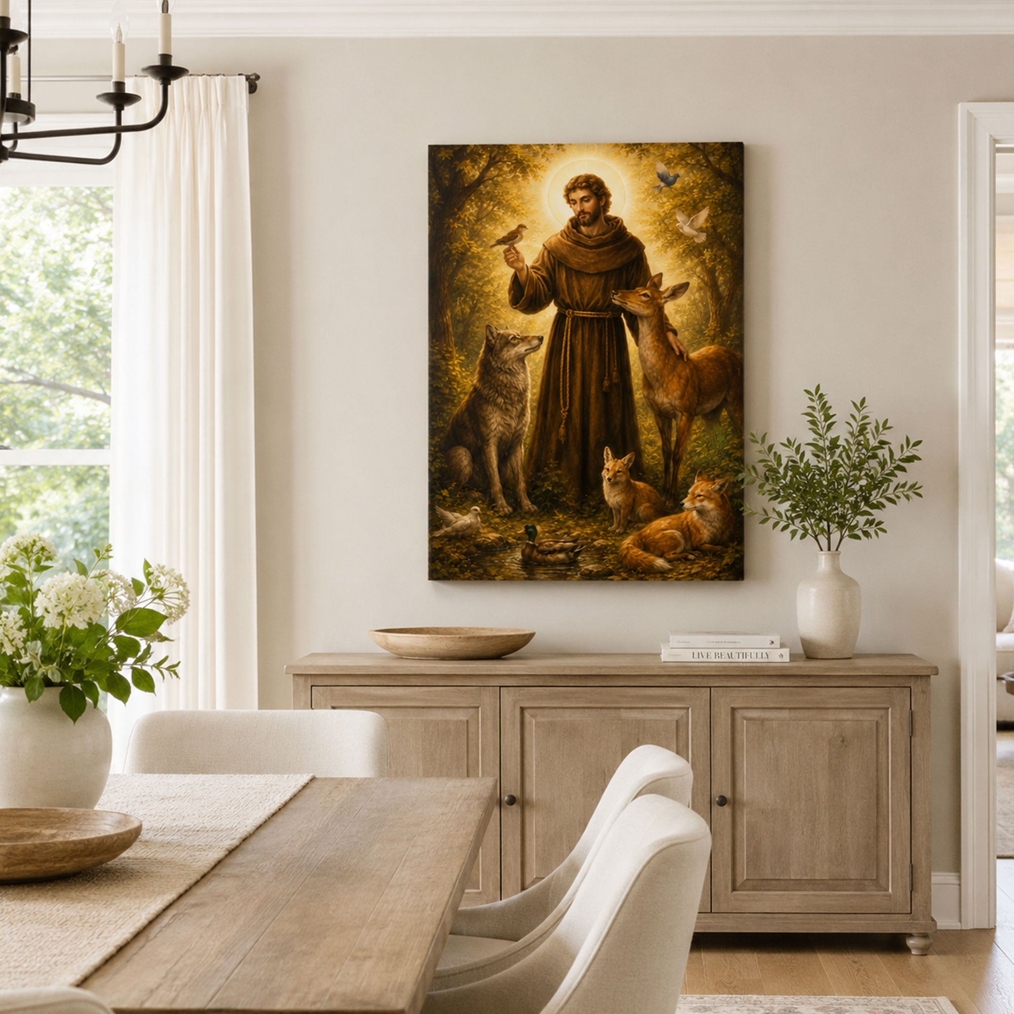 Saint Francis of Assisi with Forest Animals Canvas Print, Catholic Saint Wall Art, Nature Faith Home Decor Gift