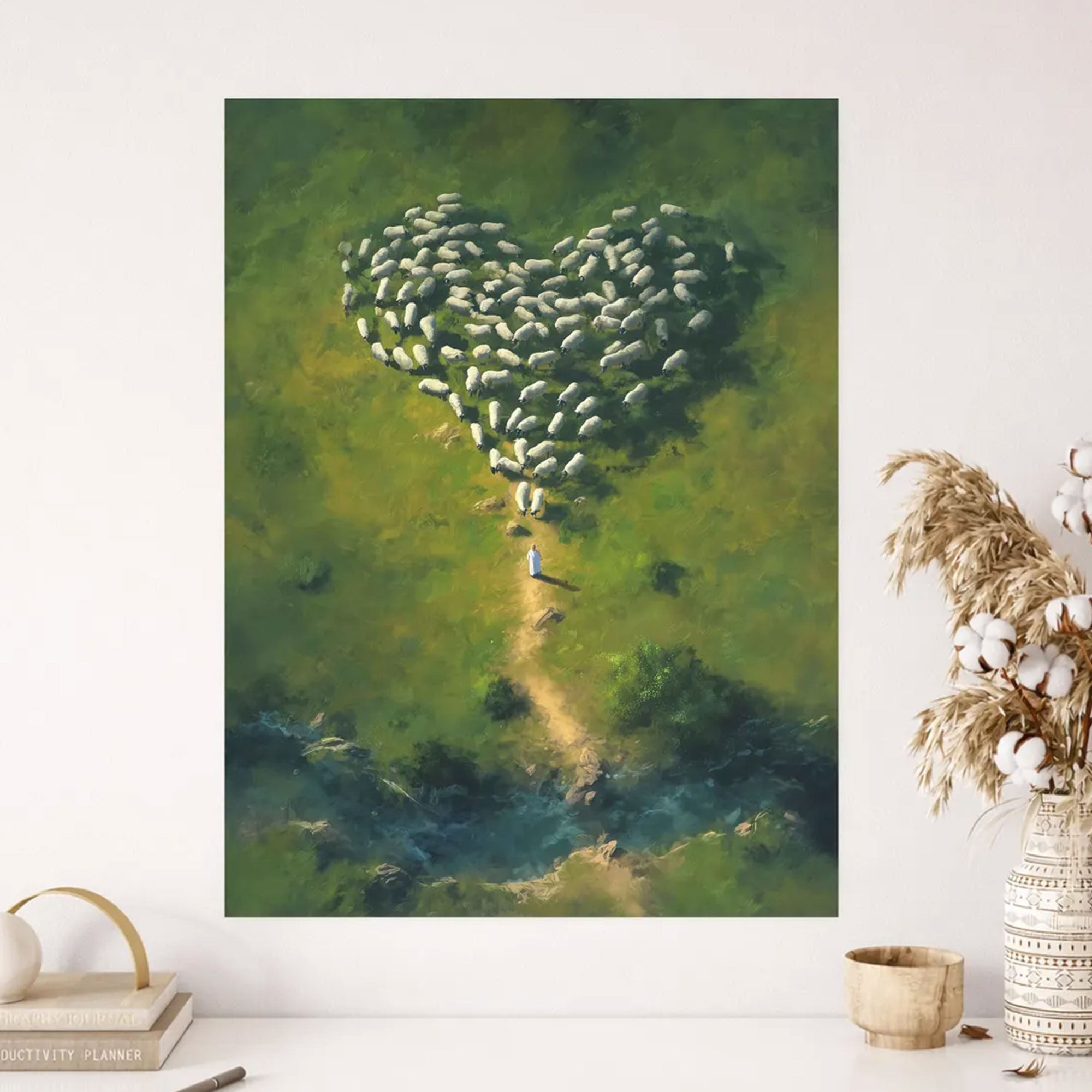 Jesus Shepherd Heart Flock Canvas Print, Christian Wall Art, Religious Faith Decor