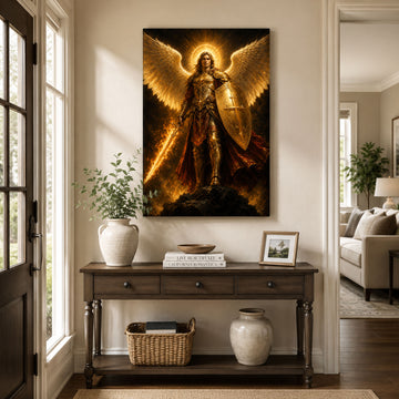 Saint Michael with Flaming Sword and Cross Shield Canvas Print, Catholic Home Decor