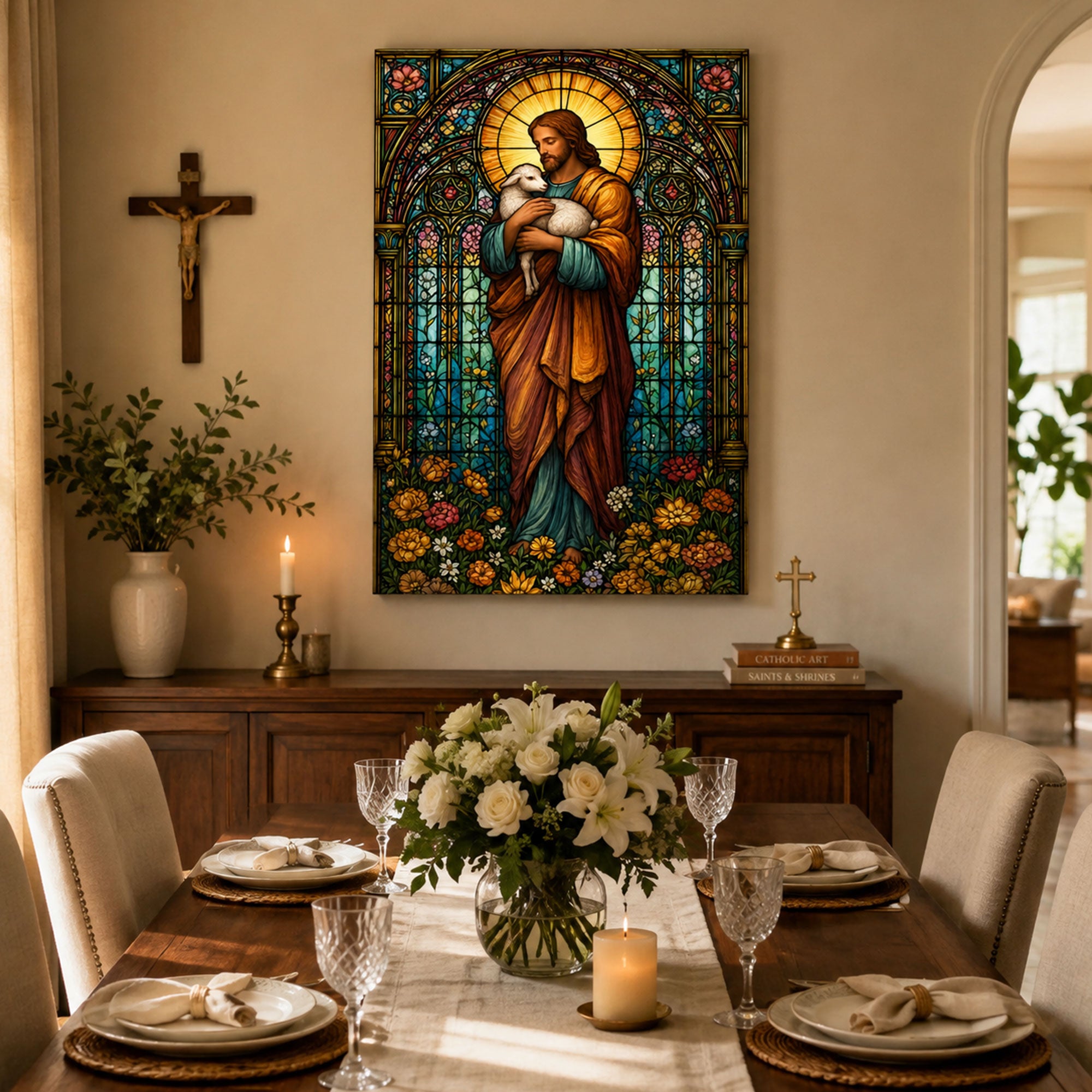 Jesus the Good Shepherd Stained Glass Canvas Print, Christian Home Decor