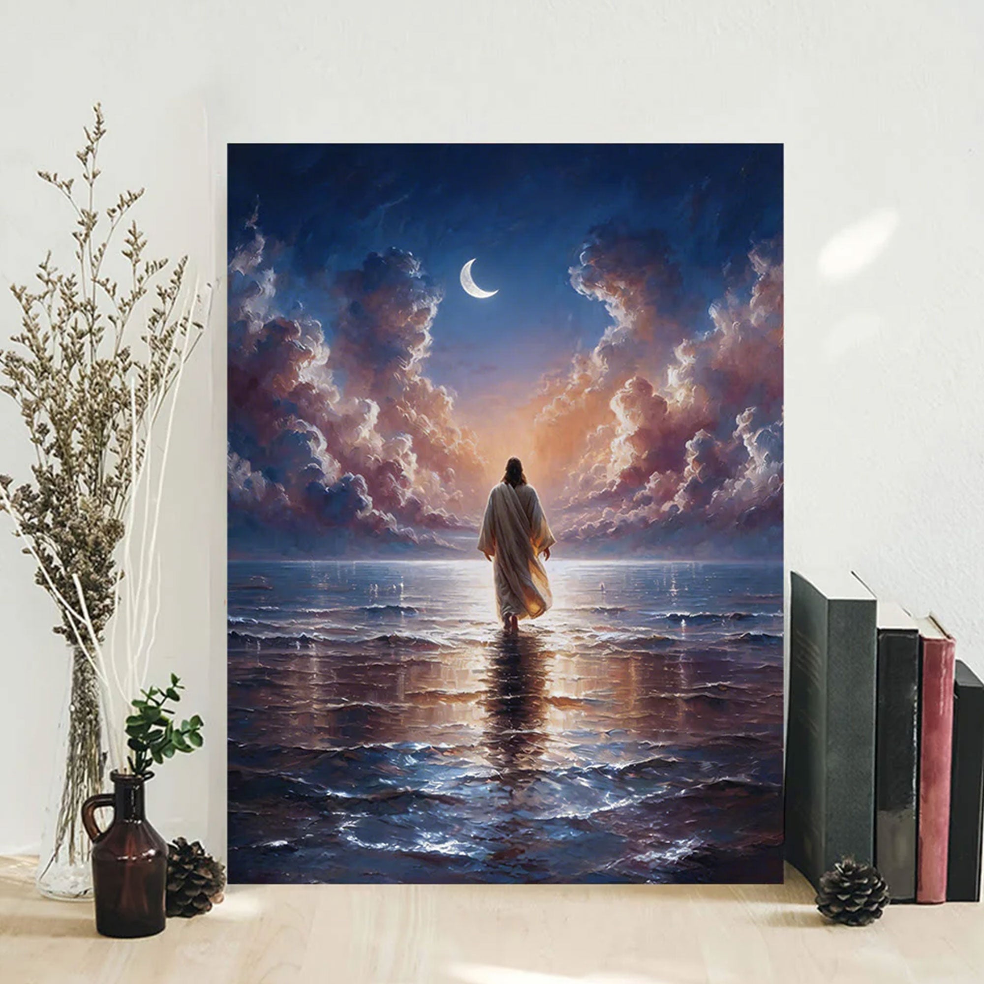 Easter Twilight Waters Jesus Canvas Print, Inspirational Christian Wall Art, Peaceful Faith Home Decor