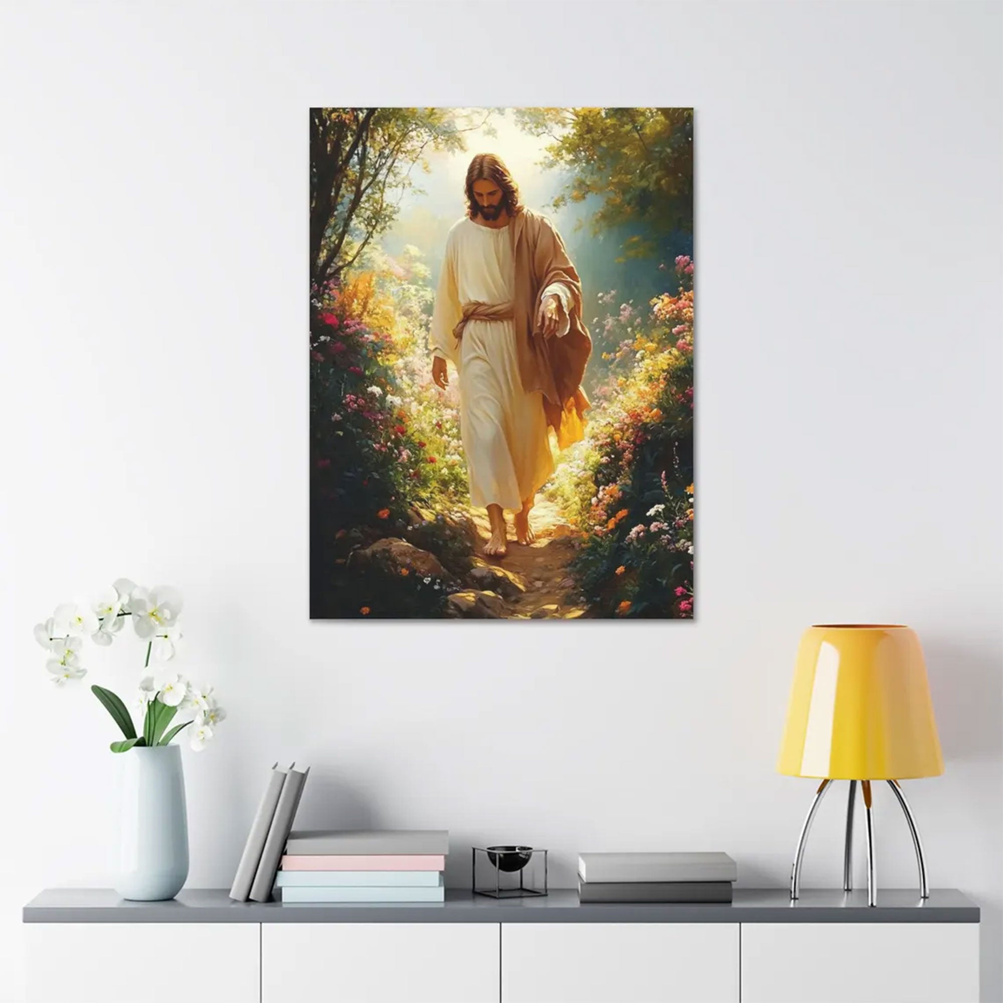 Jesus Walking in Garden Canvas Print, Christian Wall Art, Religious Home Decor