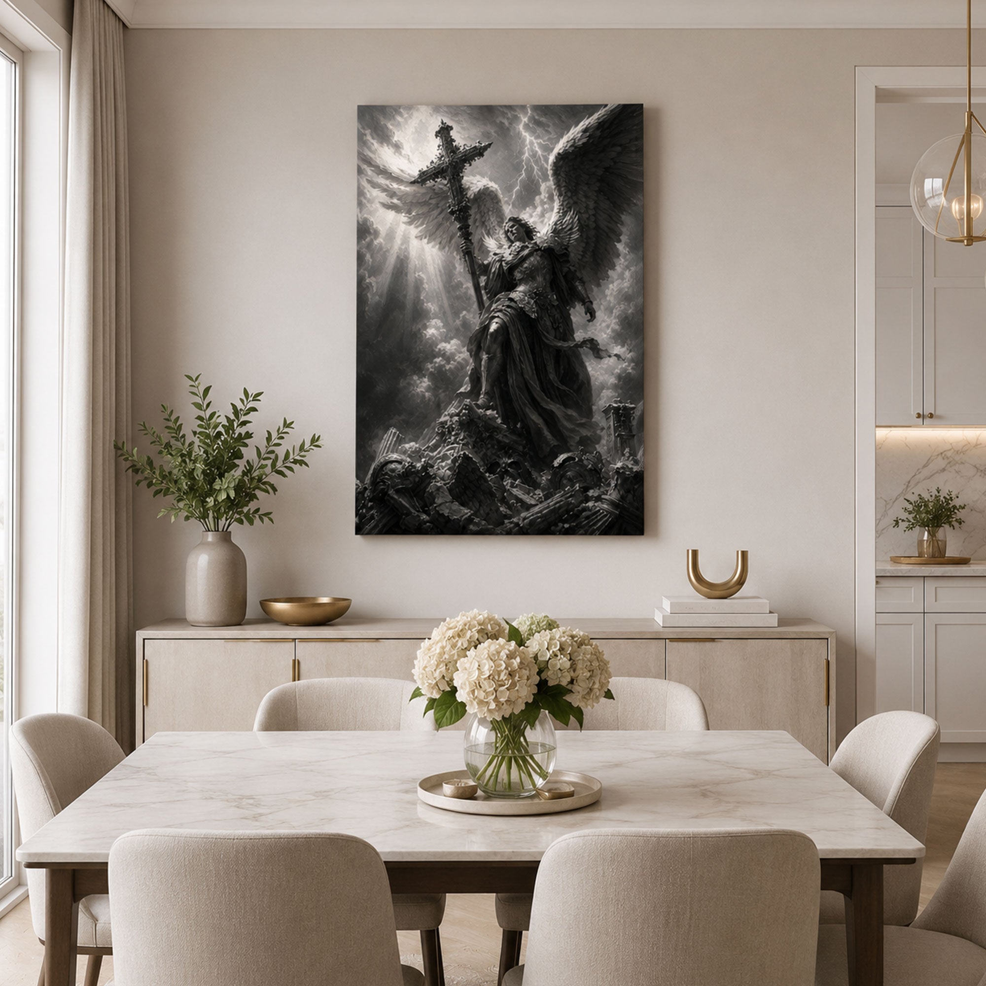 Saint Michael the Archangel with Cross Canvas Print, Victory Over Evil Catholic Wall Decor, Protection Faith Gift