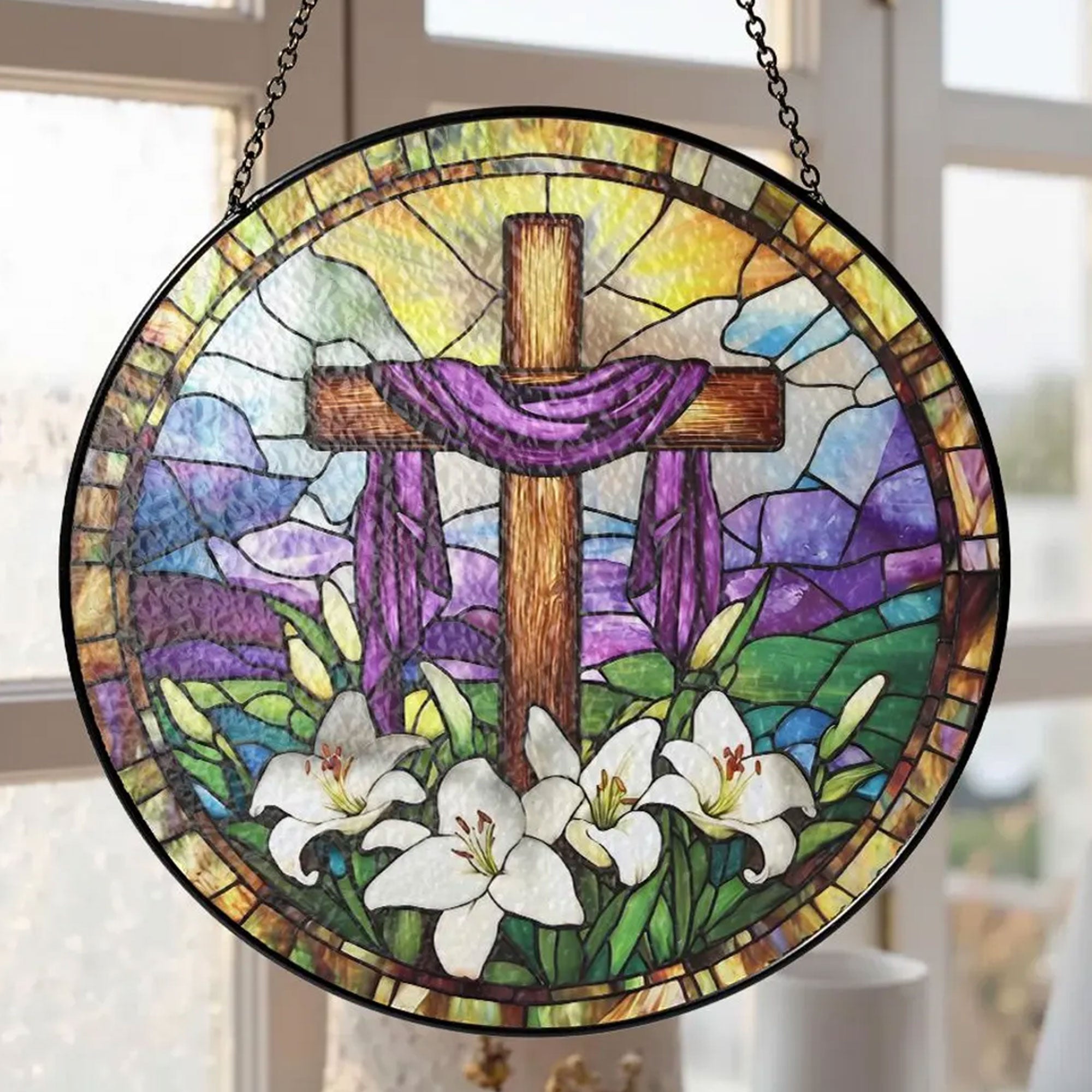 Christian Cross Stained Glass Suncatcher, Religious Window Hanging Decor, Faith Gift, Handmade Home Ornament