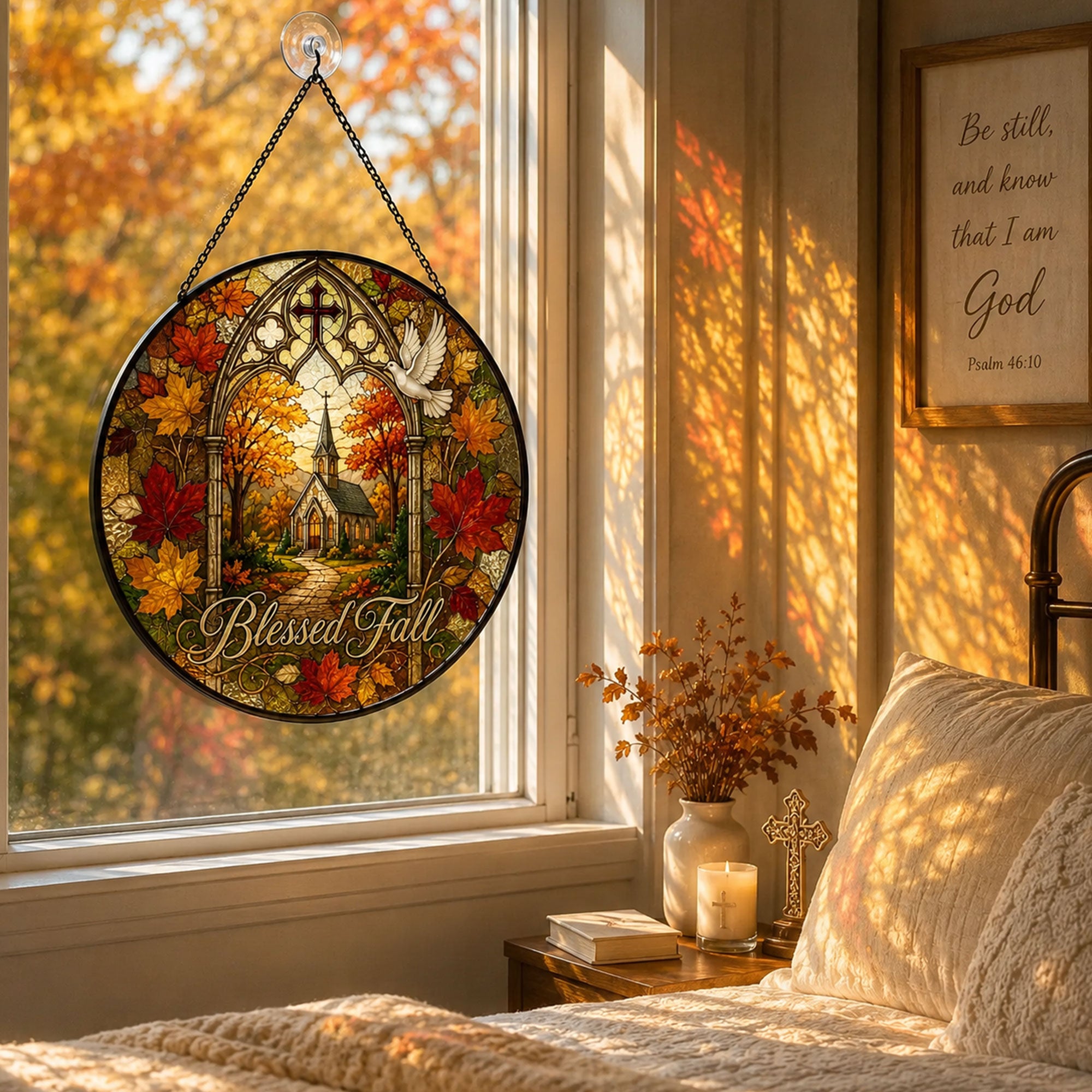 Blessed Fall Church Suncatcher, Autumn Leaves Christian Window Hanging, Faith Gift for Home