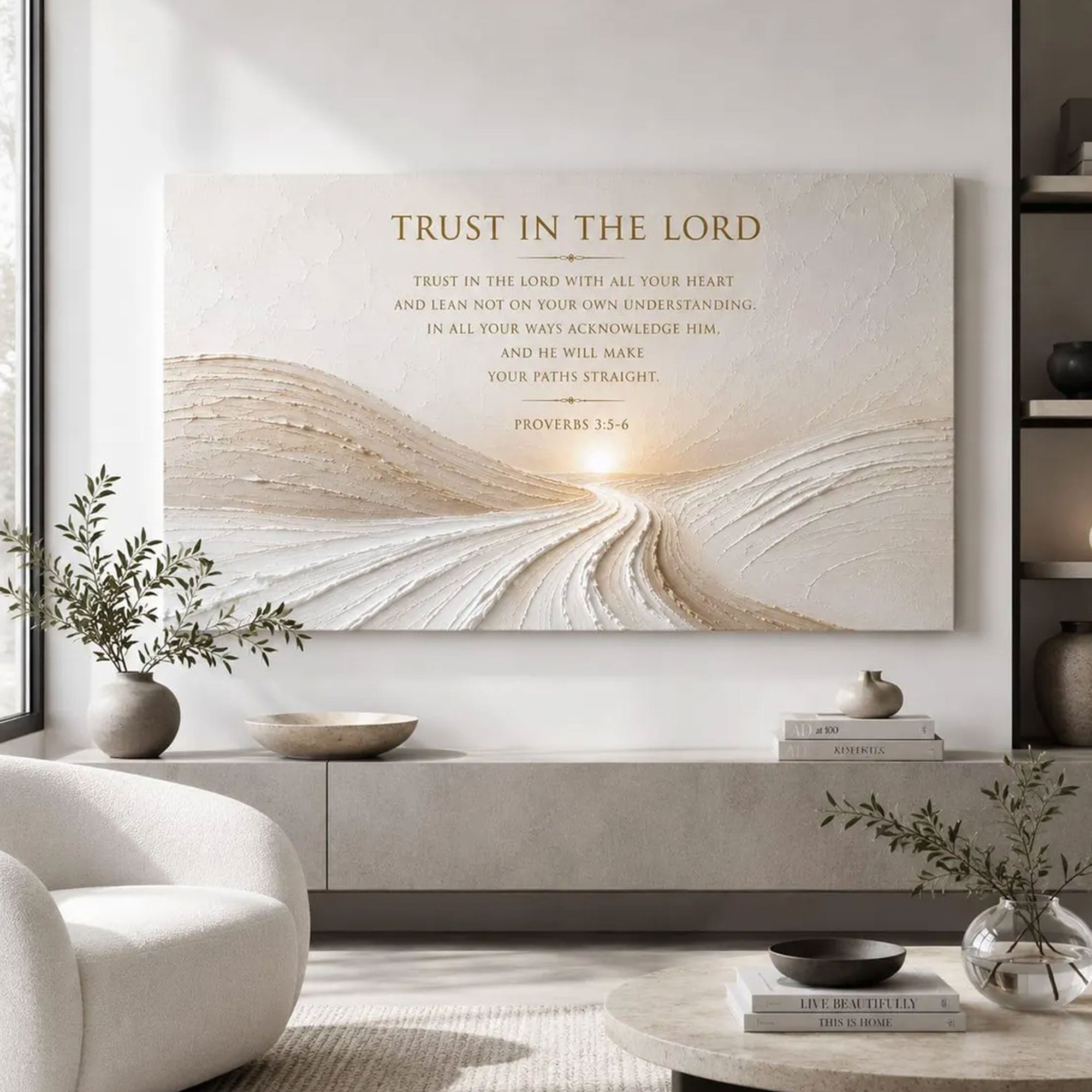 Trust In The Lord Canvas Print, Christian Bible Verse Wall Art, Neutral Minimalist Faith Home Decor