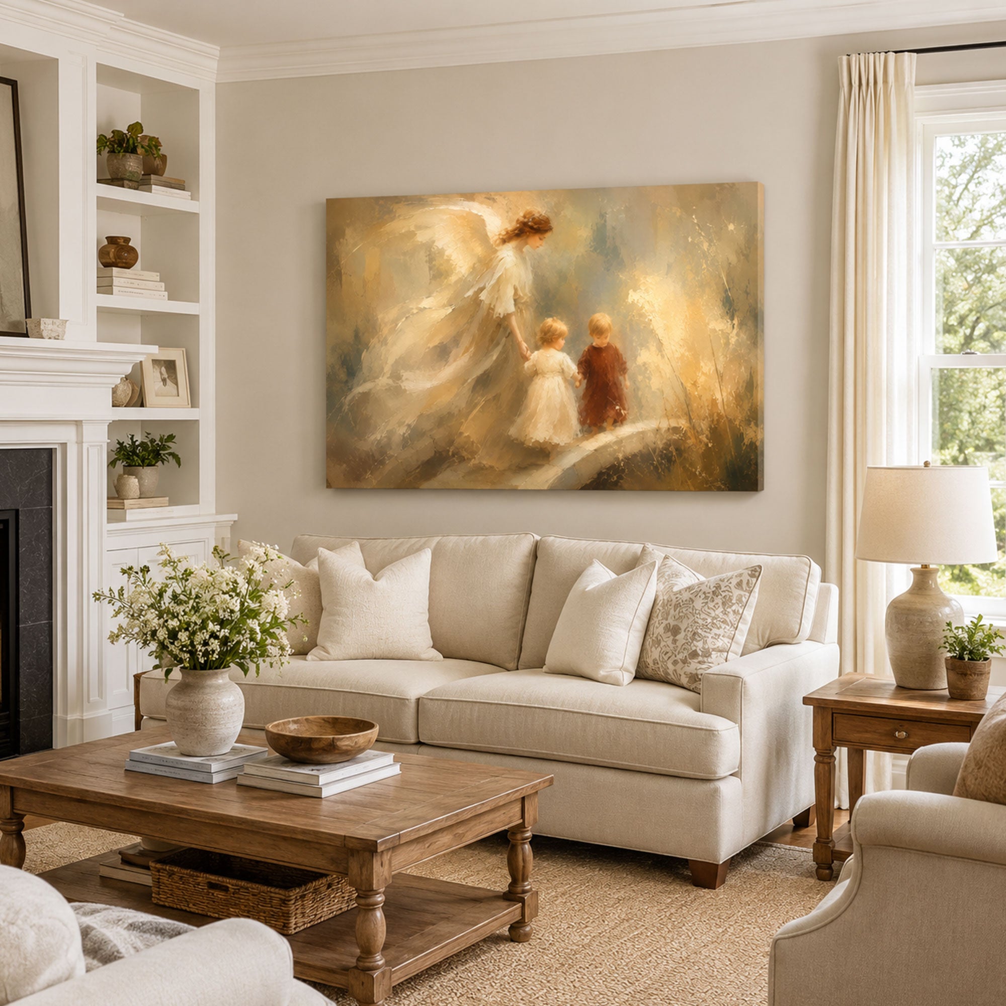 Guardian Angel Guiding Two Children Canvas Print, Golden Christian Family Decor