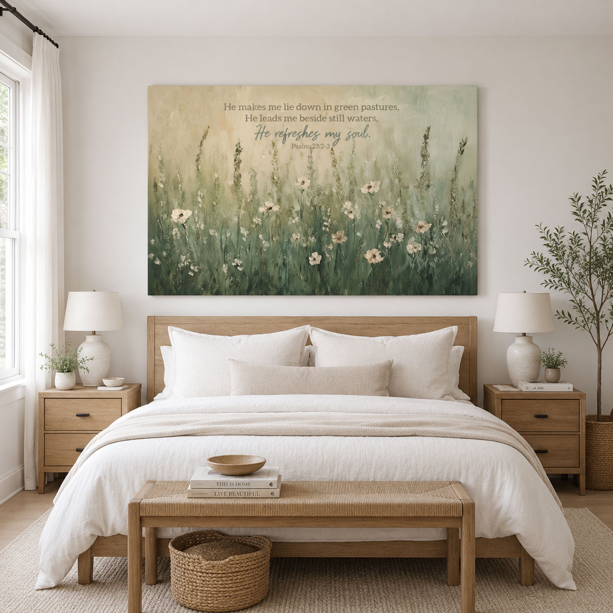 Psalm 23:2-3 Bible Verse Canvas Print, He Makes Me Lie Down in Green Pastures Christian Wall Art, Peaceful Landscape Nature Decor