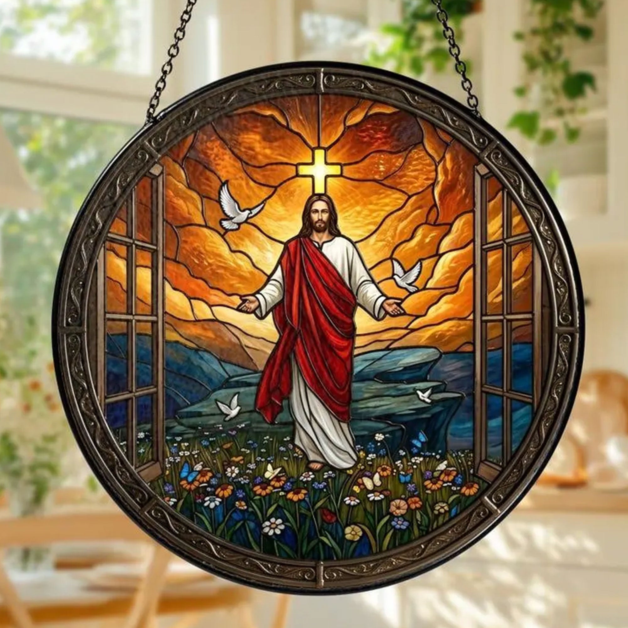 Jesus Stained Glass Suncatcher, Christian Window Hanging Decor, Religious Art Gift for Home