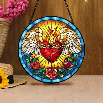 Sacred Heart of Jesus Stained Glass Suncatcher, Catholic Window Hanging Decor, Christian Religious Faith Gift